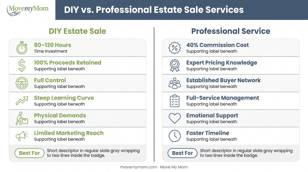 DIY versus professional estate sale comparison chart showing time costs and outcomes