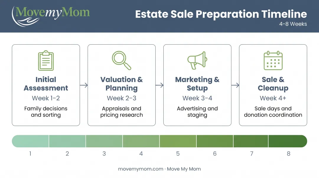 Estate sale timeline preparation stages from initial assessment to final cleanout