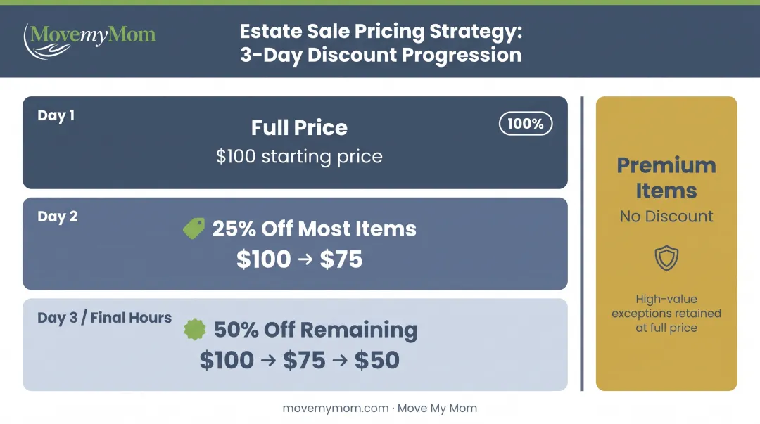 Three-day estate sale progressive discount pricing strategy breakdown chart