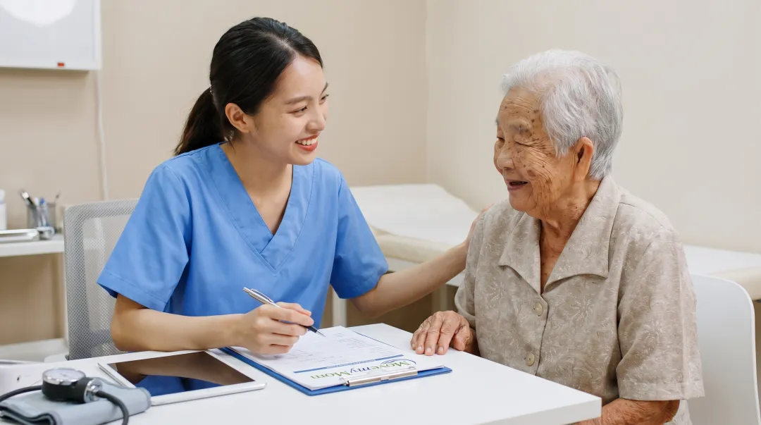 Licensed healthcare practitioner conducting comprehensive health assessment for assisted living admission in clinical setting