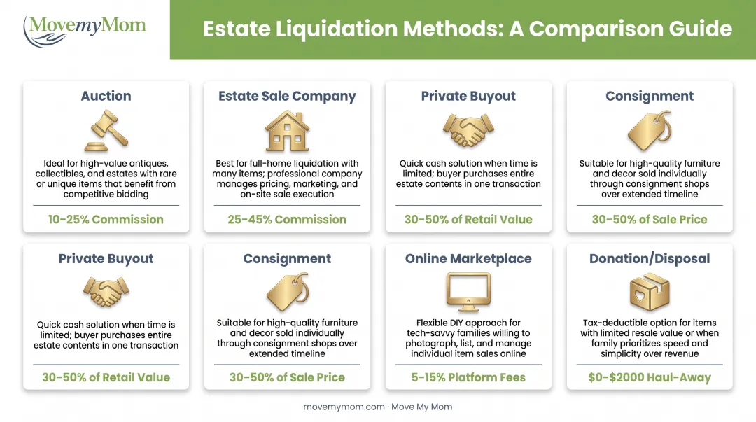Estate liquidation methods comparison chart showing six selling channels with costs and ideal uses