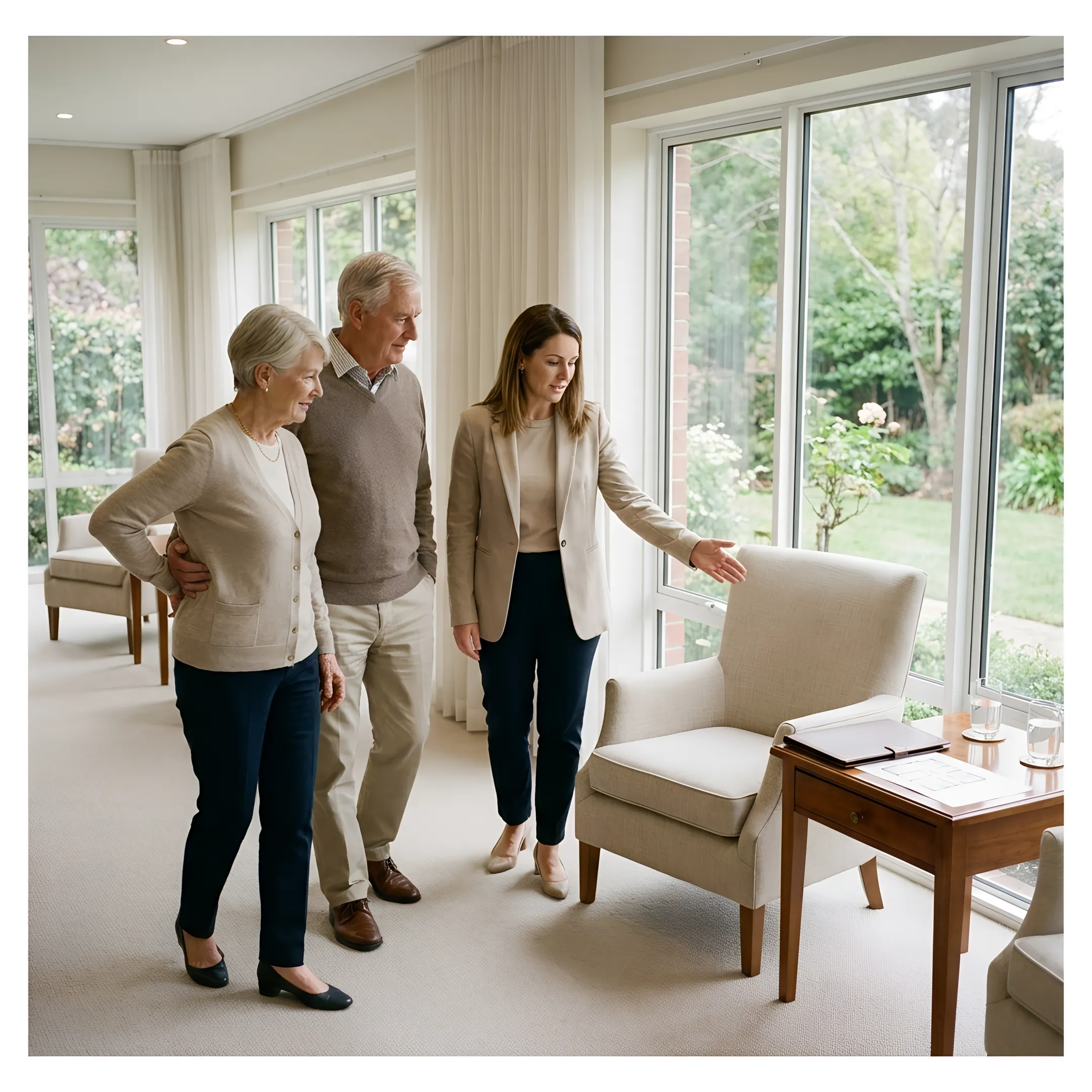 Senior couple touring an upscale retirement community