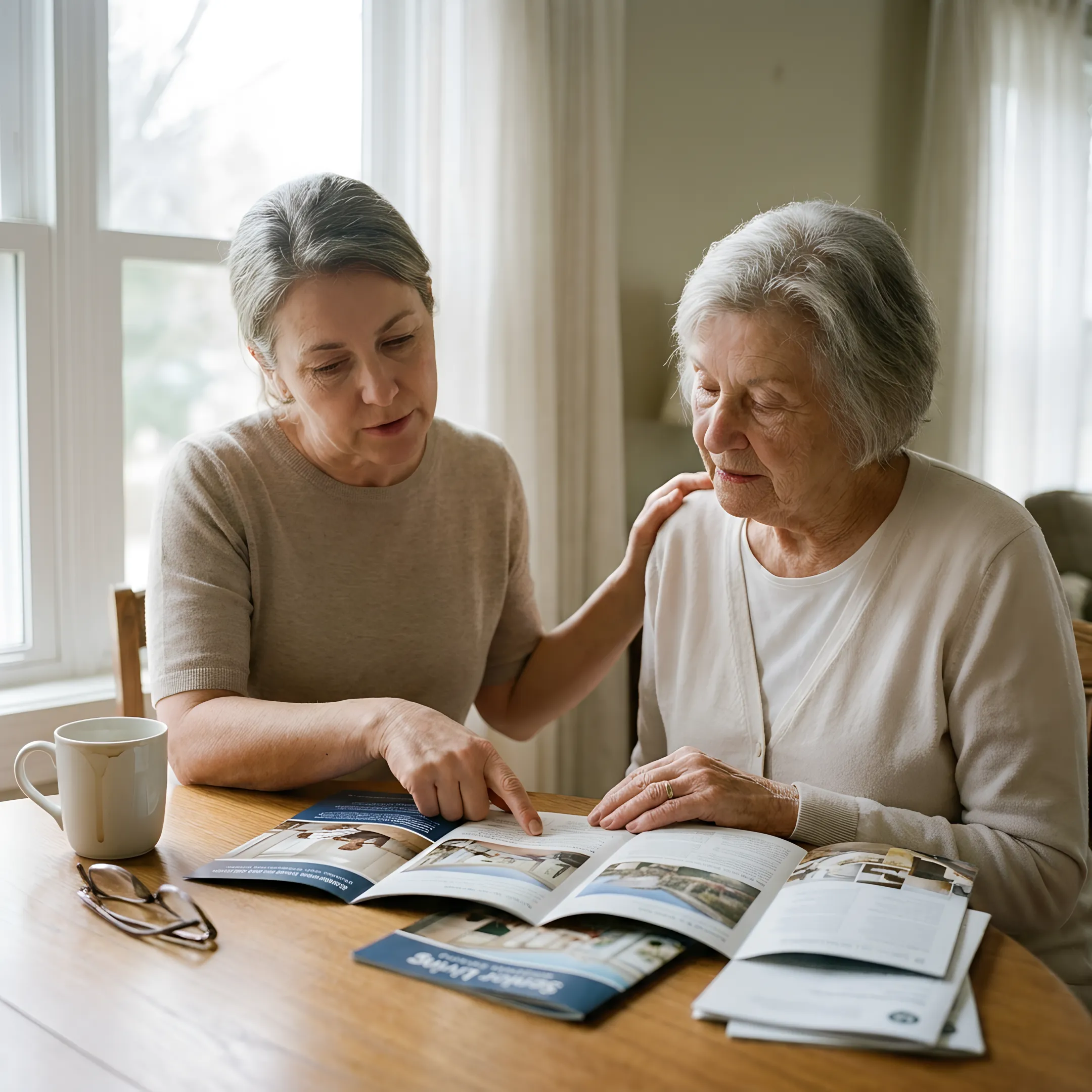 Daughter and senior mother discussing care community options