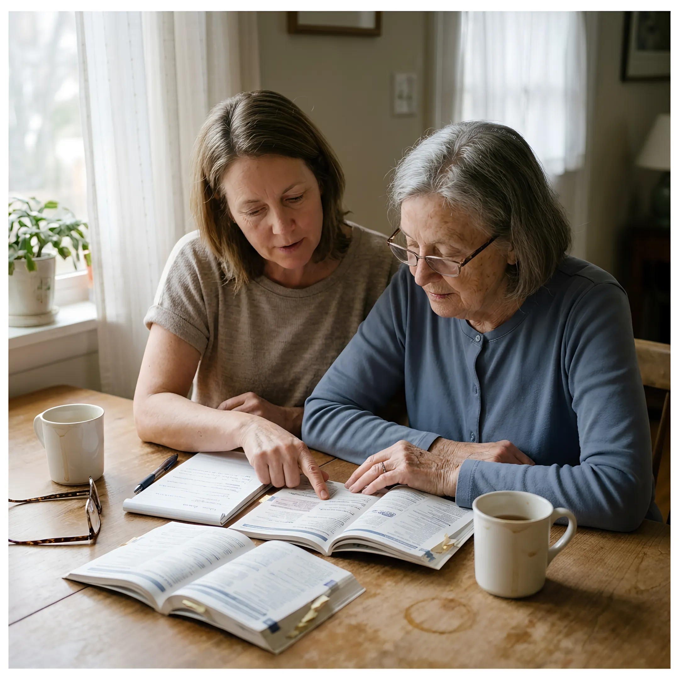 Adult daughter reviewing senior living resources with her mother