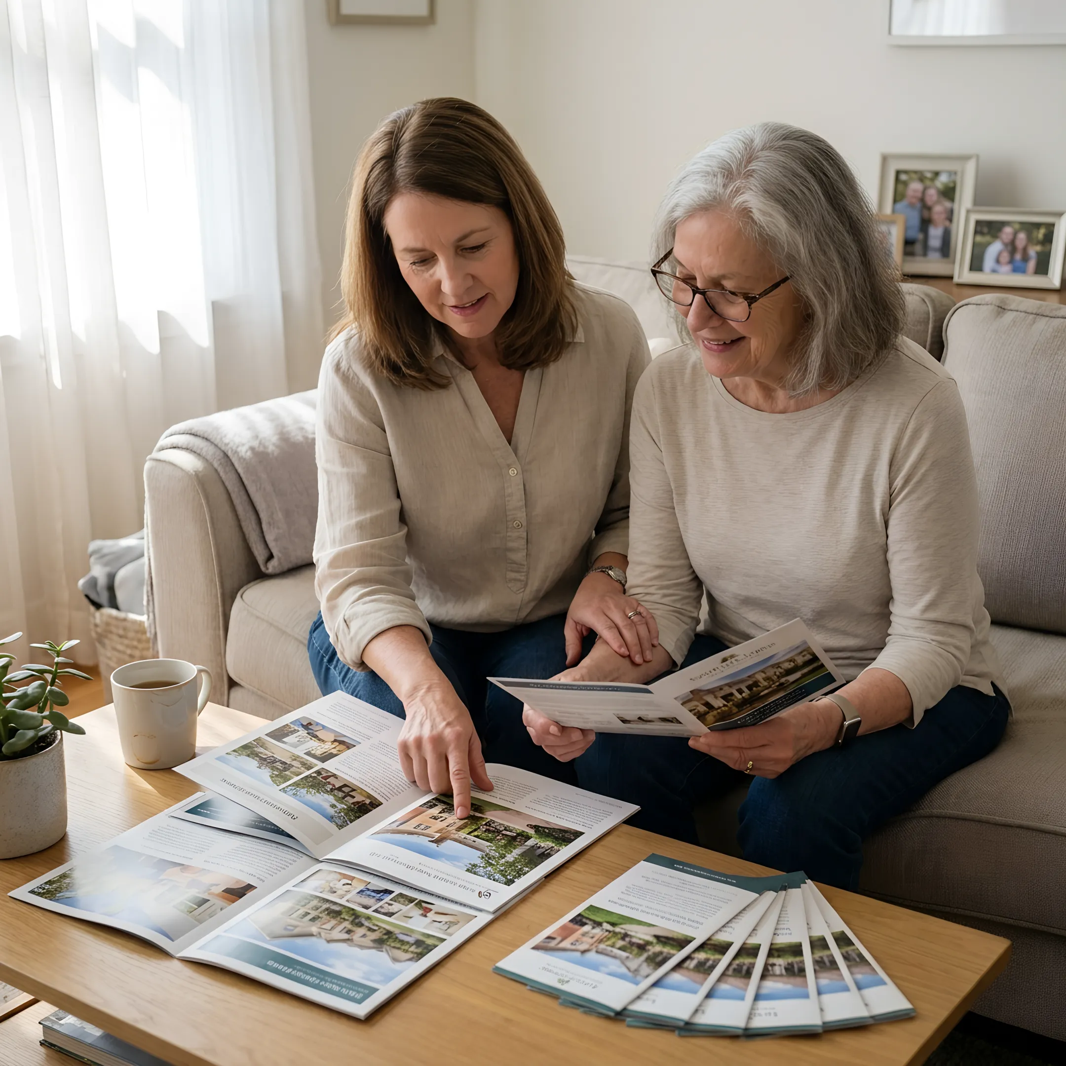 Adult daughter and senior mother discussing assisted living options