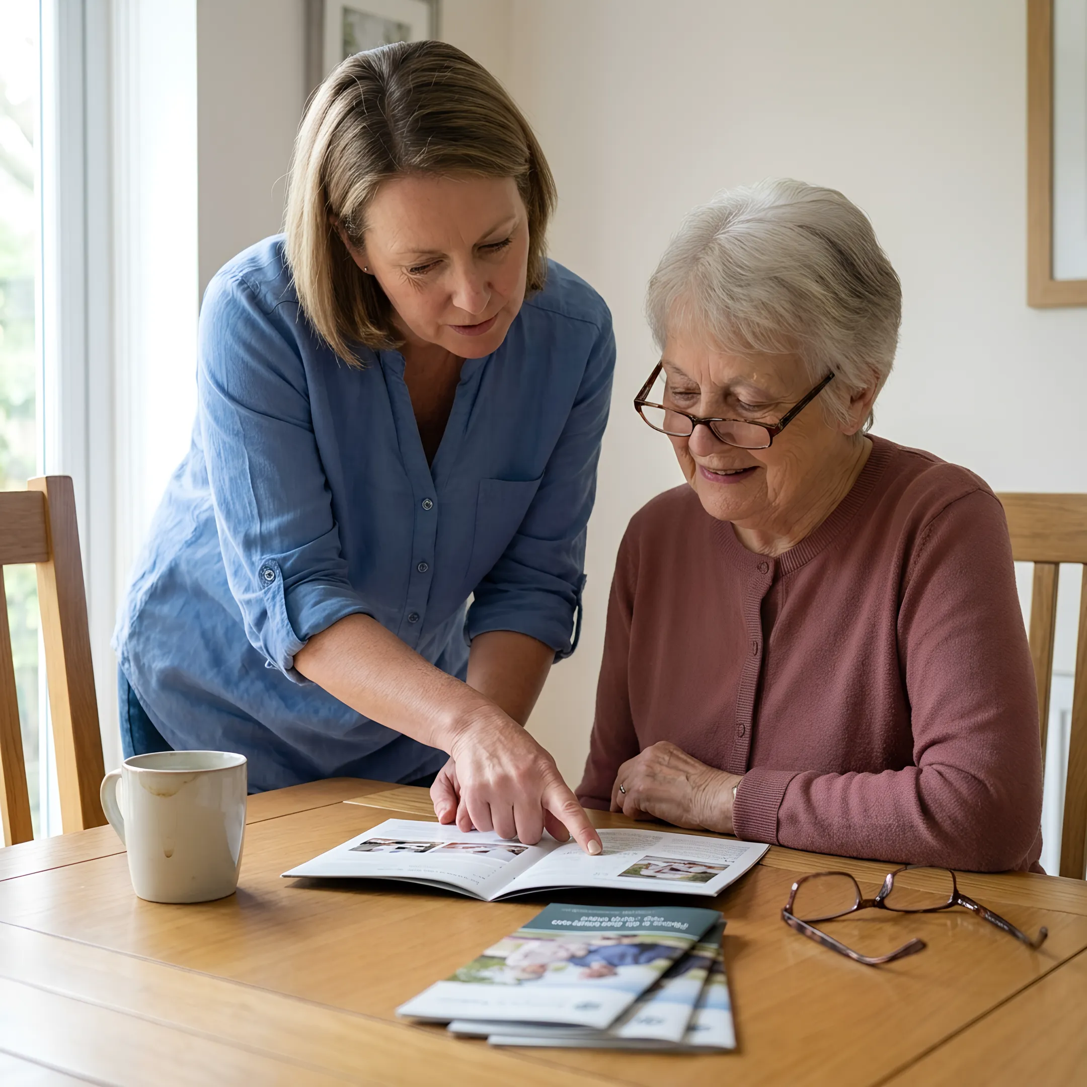 Adult daughter and senior mother discussing assisted living options