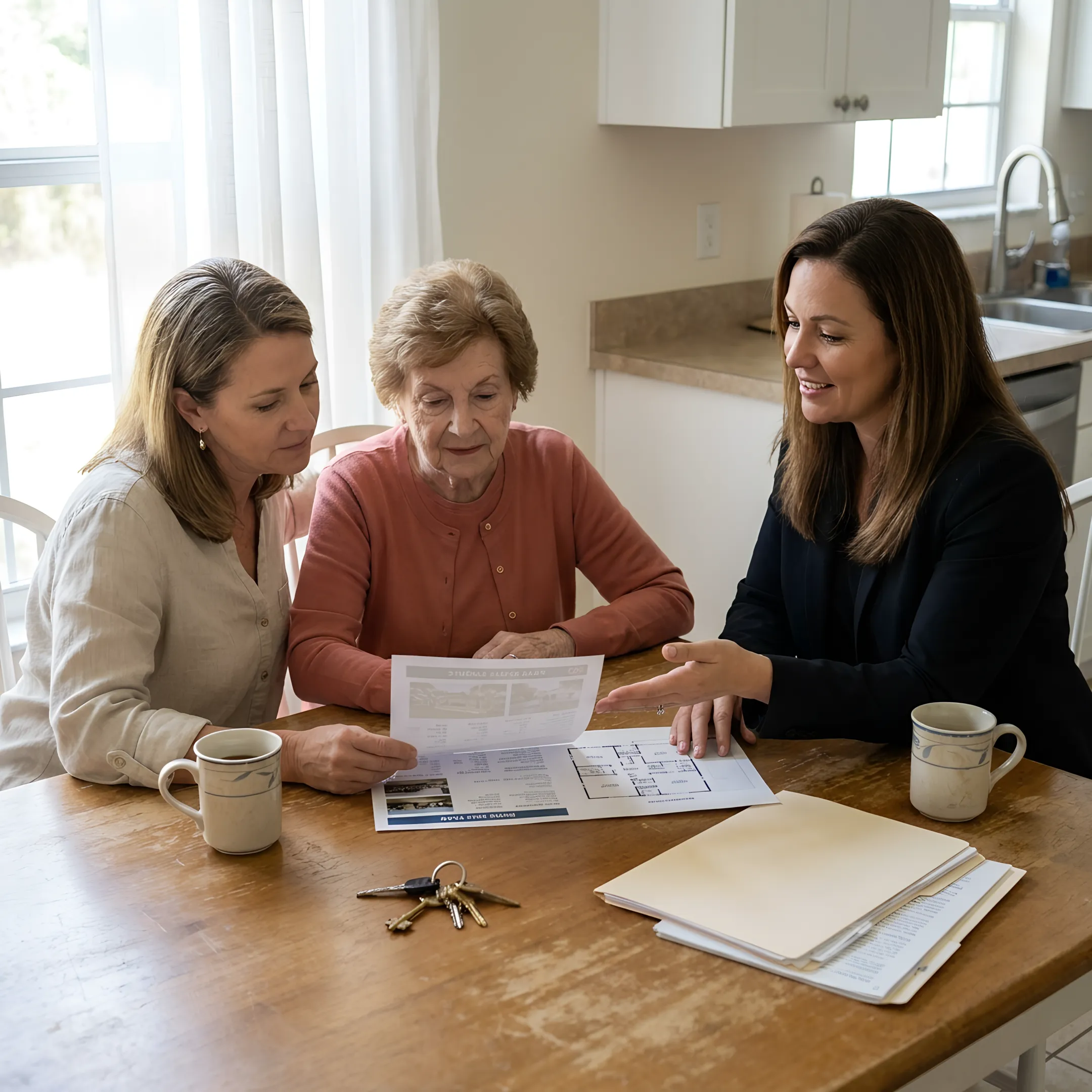 Family reviewing a home sale plan with an agent