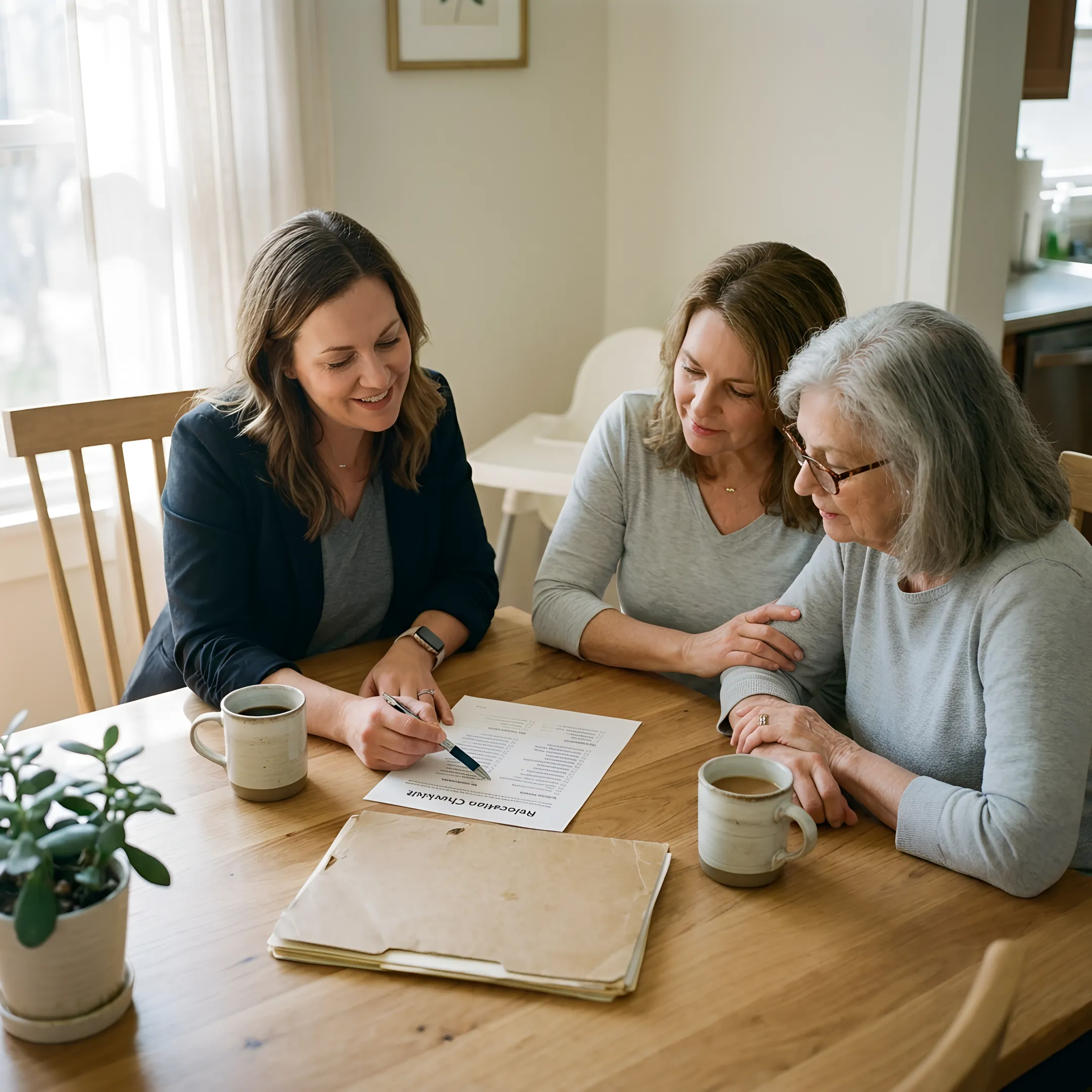 Senior move professional reviewing a transition plan with family