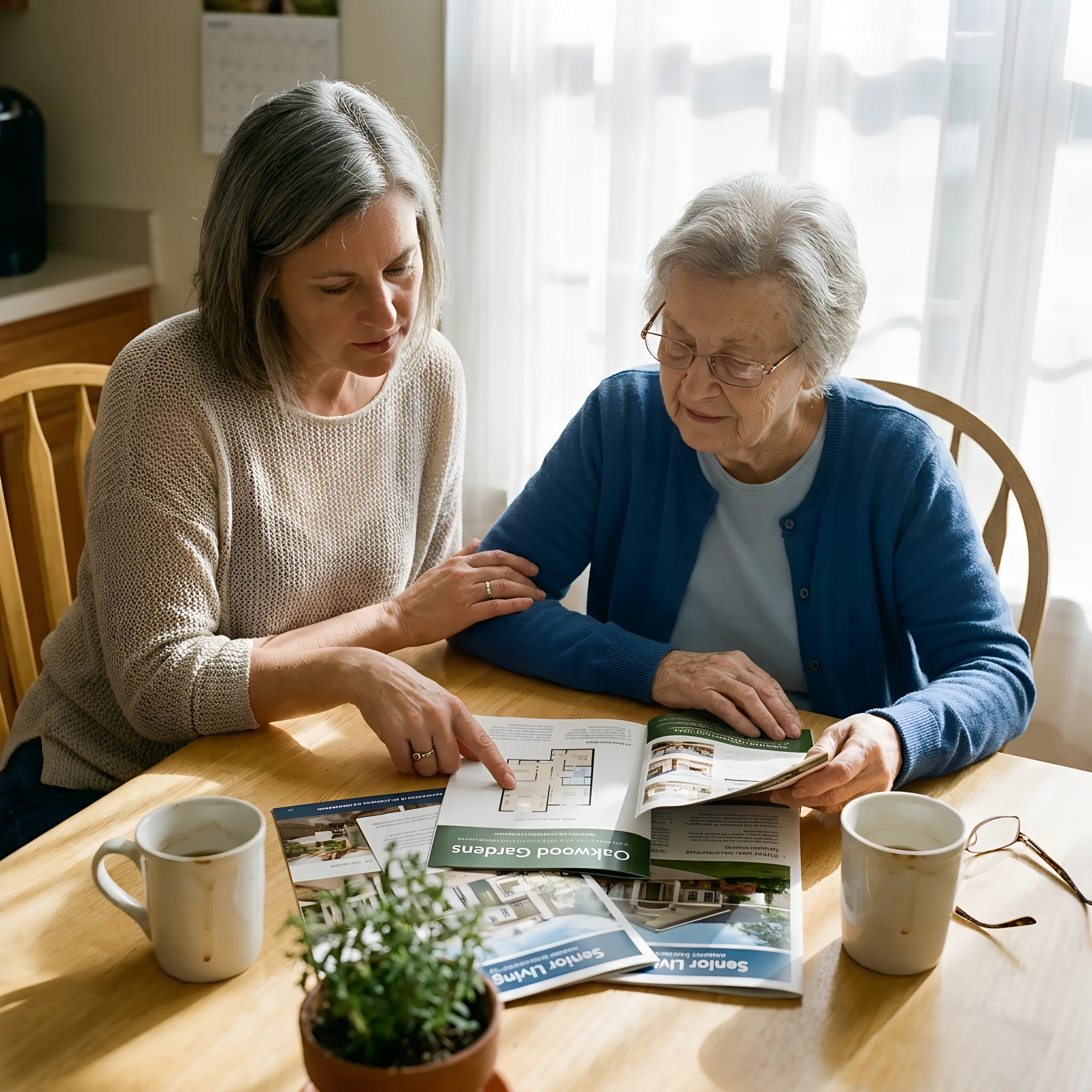 Senior woman and daughter discussing affordable apartment options