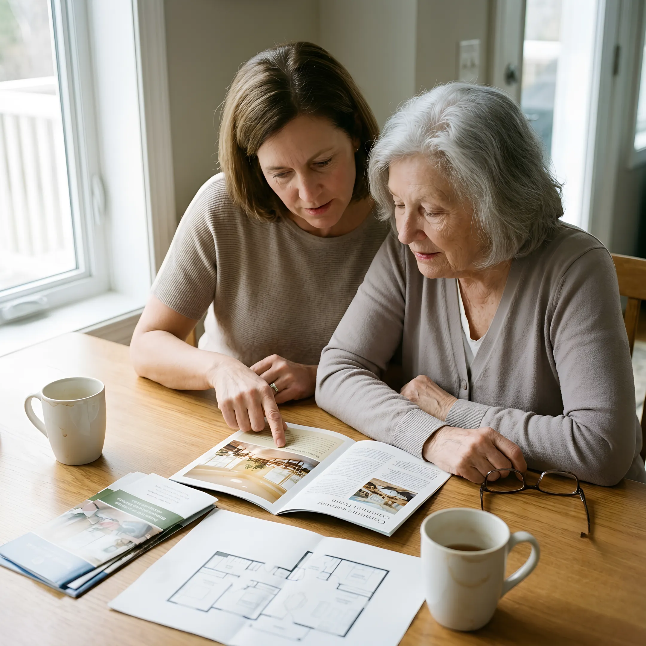 Adult daughter and mother reviewing senior housing options