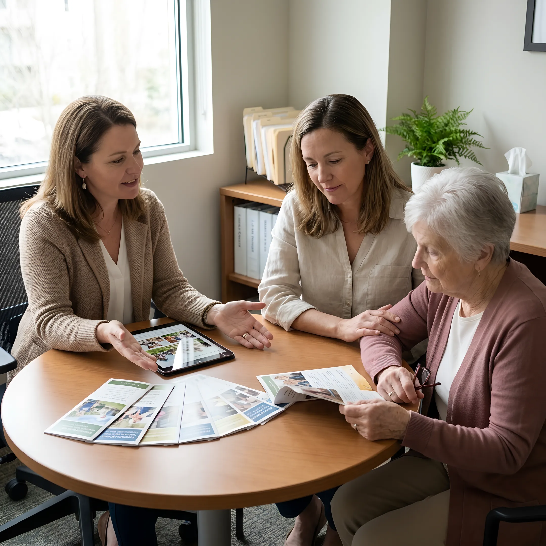 Family discussing senior living community choices