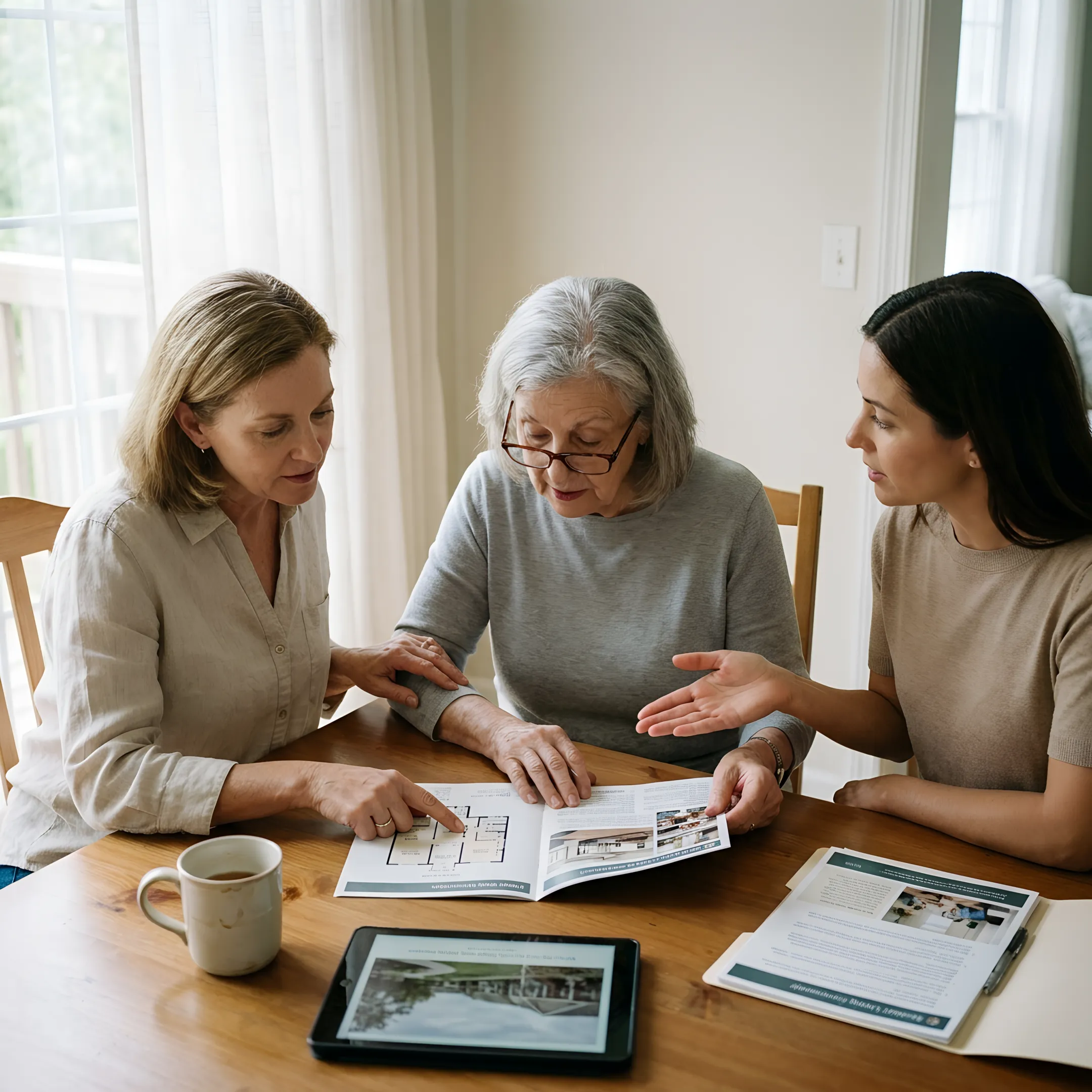 Family reviewing senior apartment options with an advisor