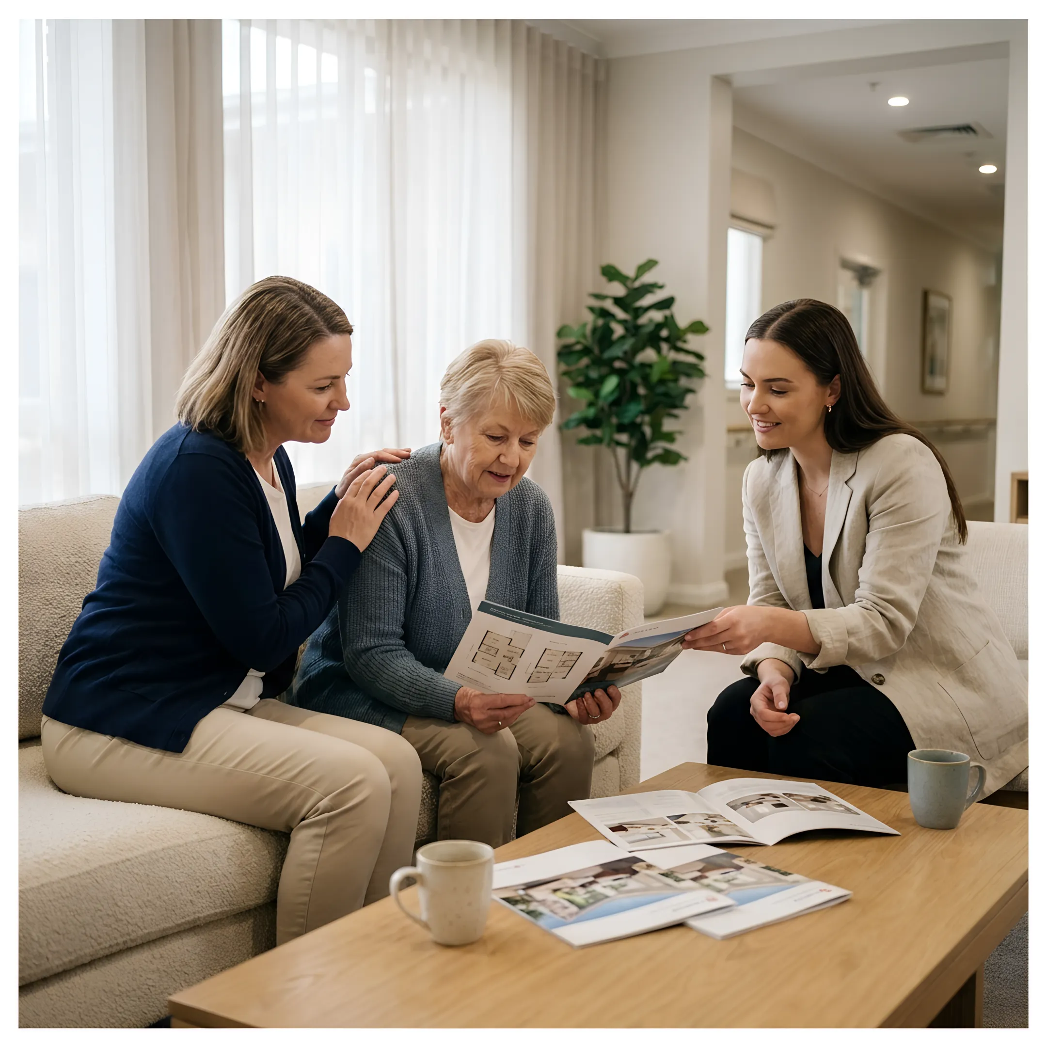 Senior woman and daughter discussing community options