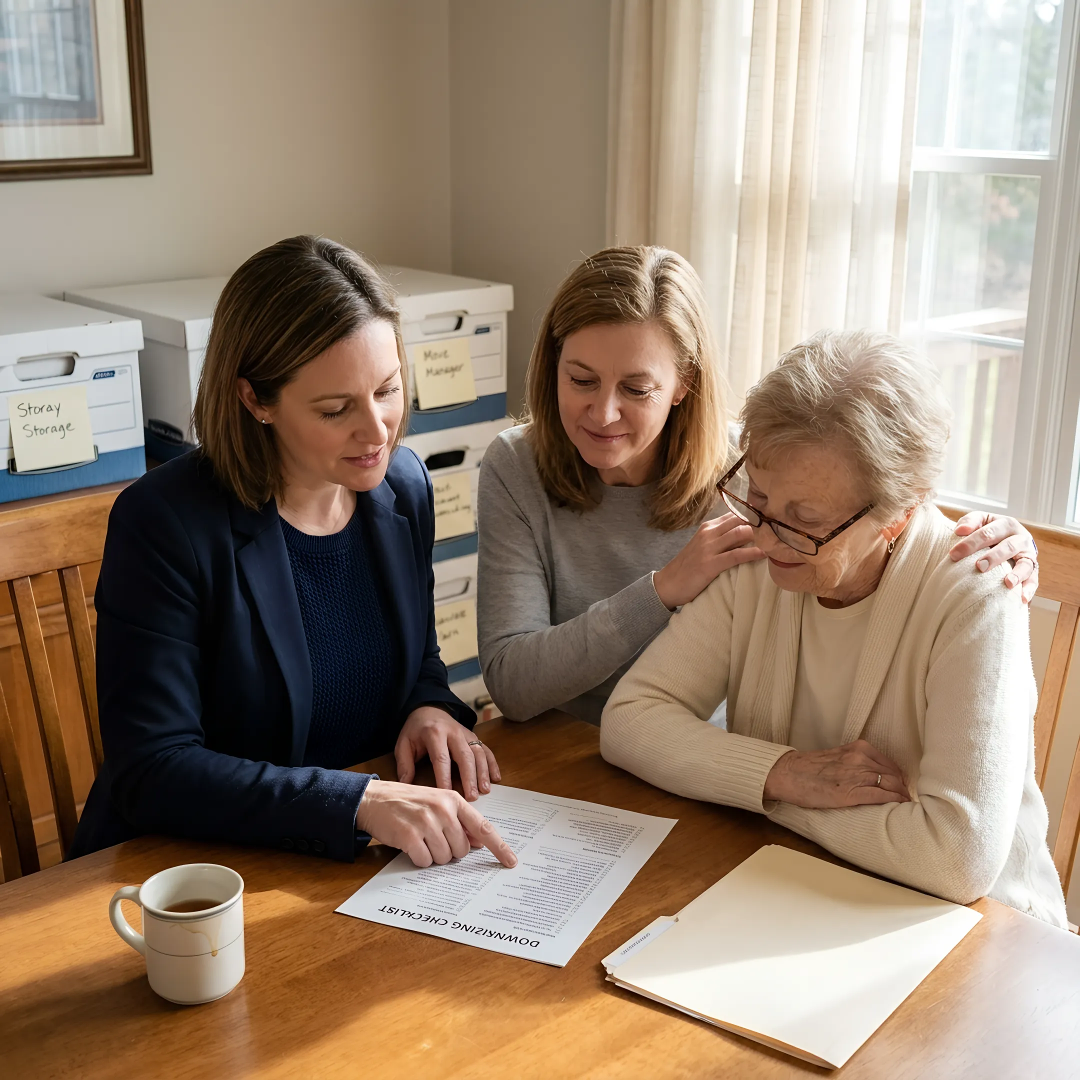 Senior move manager reviewing a downsizing plan