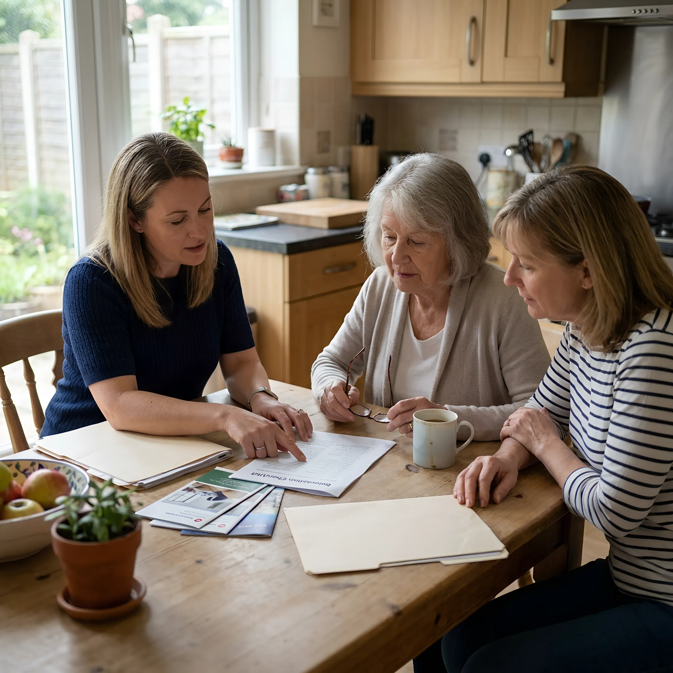 Senior move professional reviewing a relocation plan with family