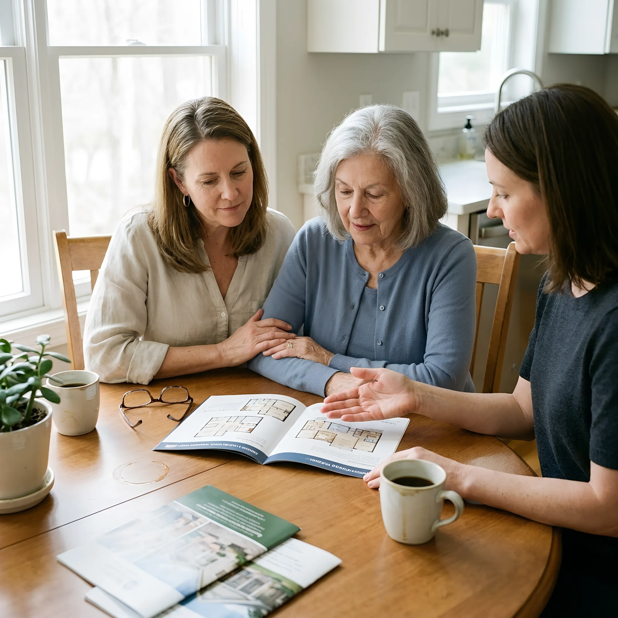 Family reviewing senior living cottage options together