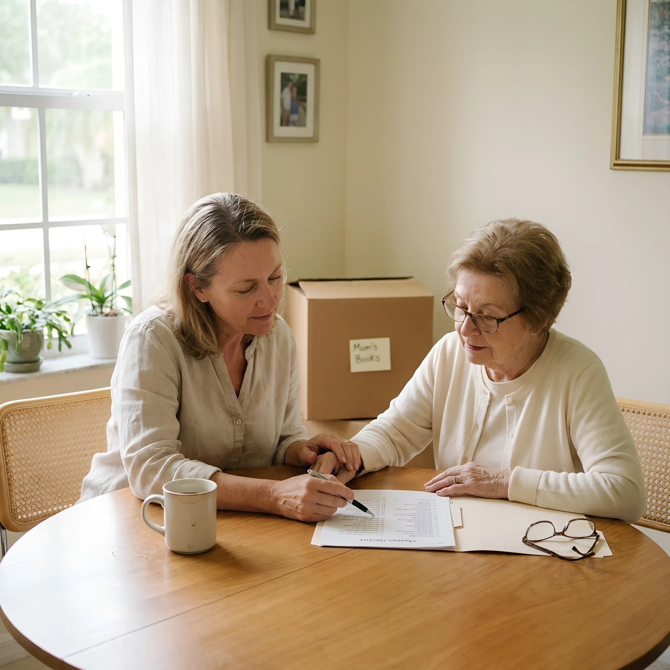 Adult daughter supporting her mother during a move