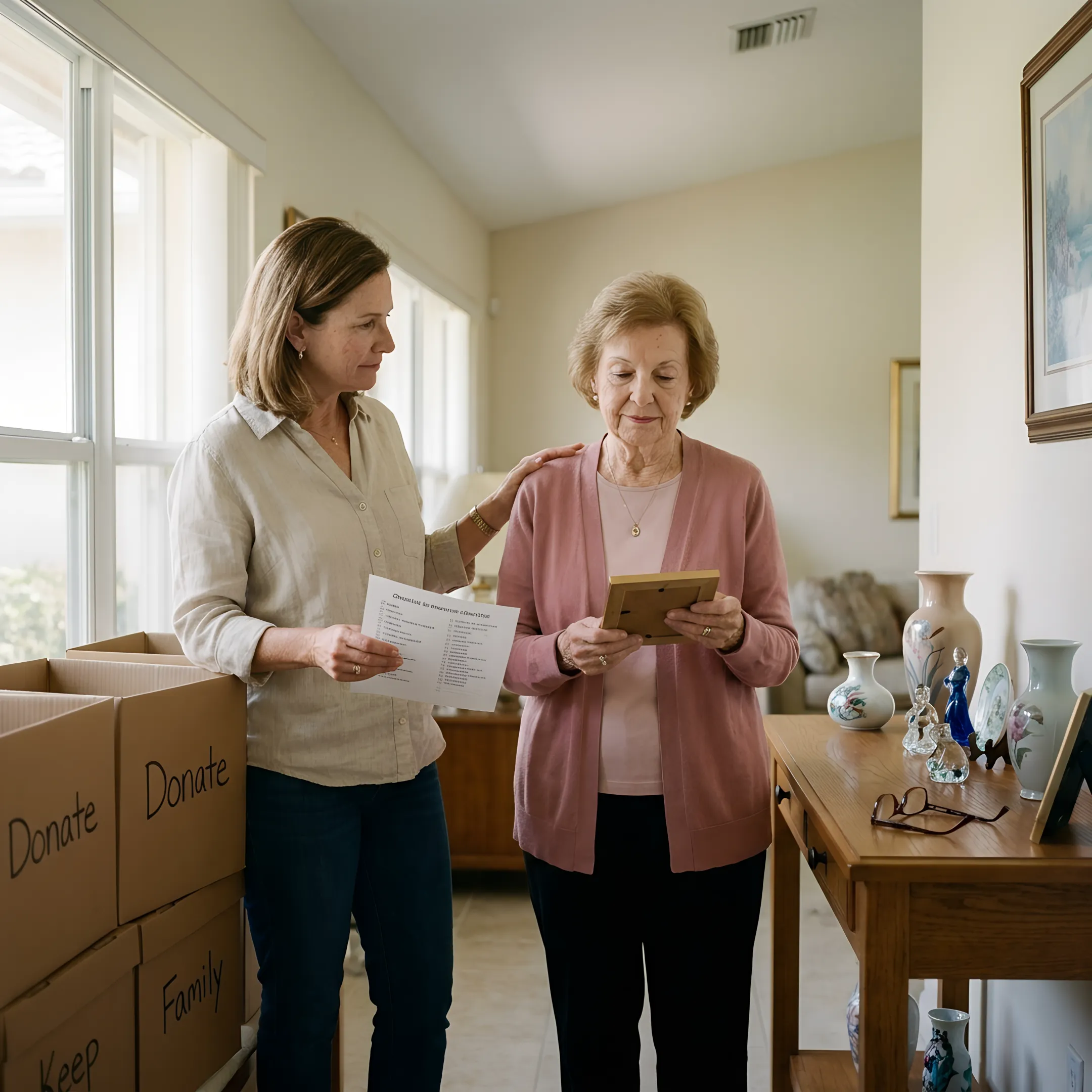 Estate specialist reviewing household items with family