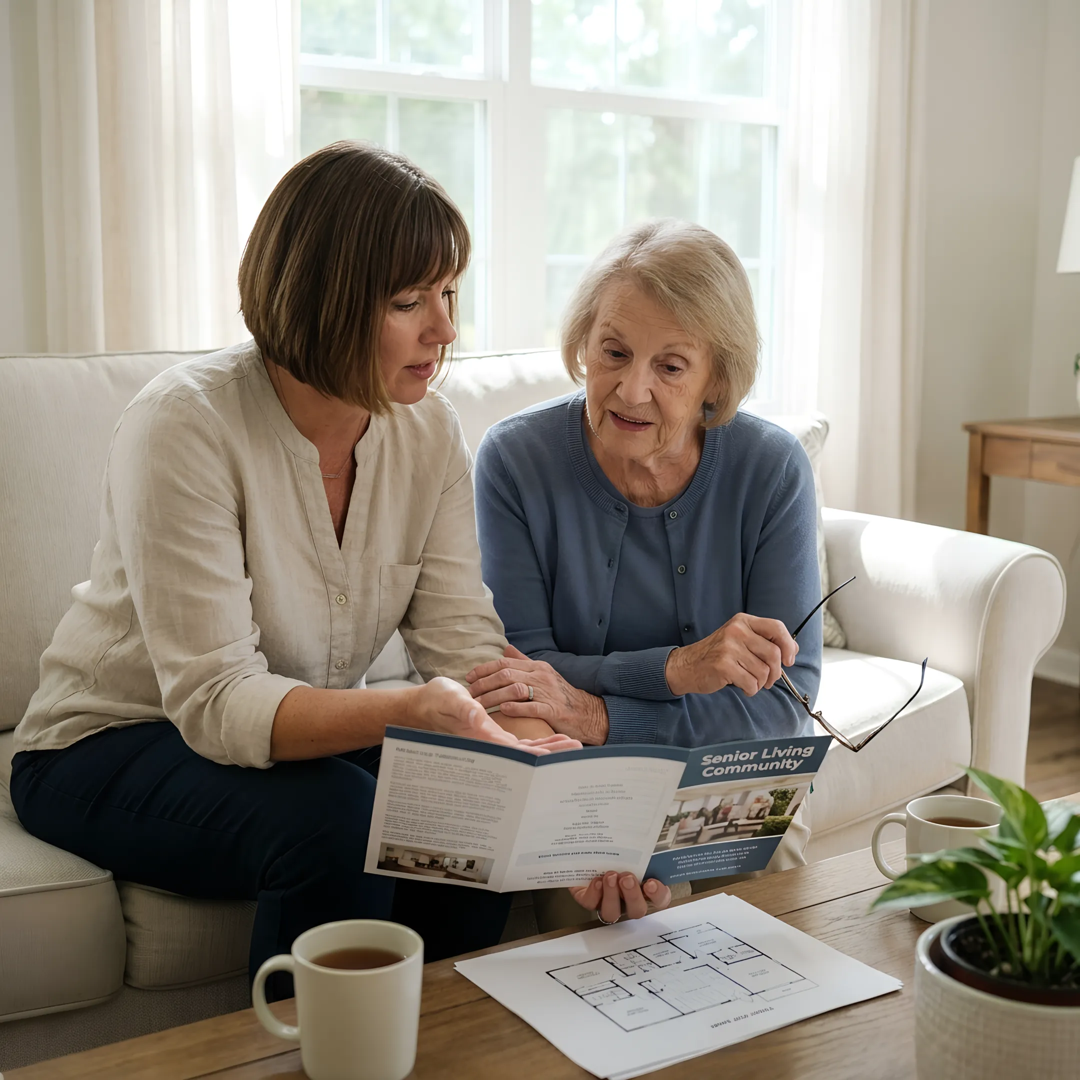 Adult daughter supporting her mother during a senior living transition