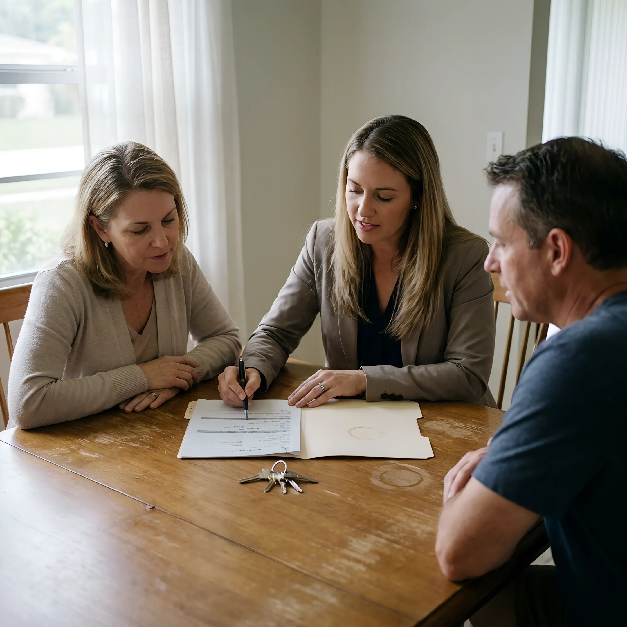 Family reviewing a home sale plan