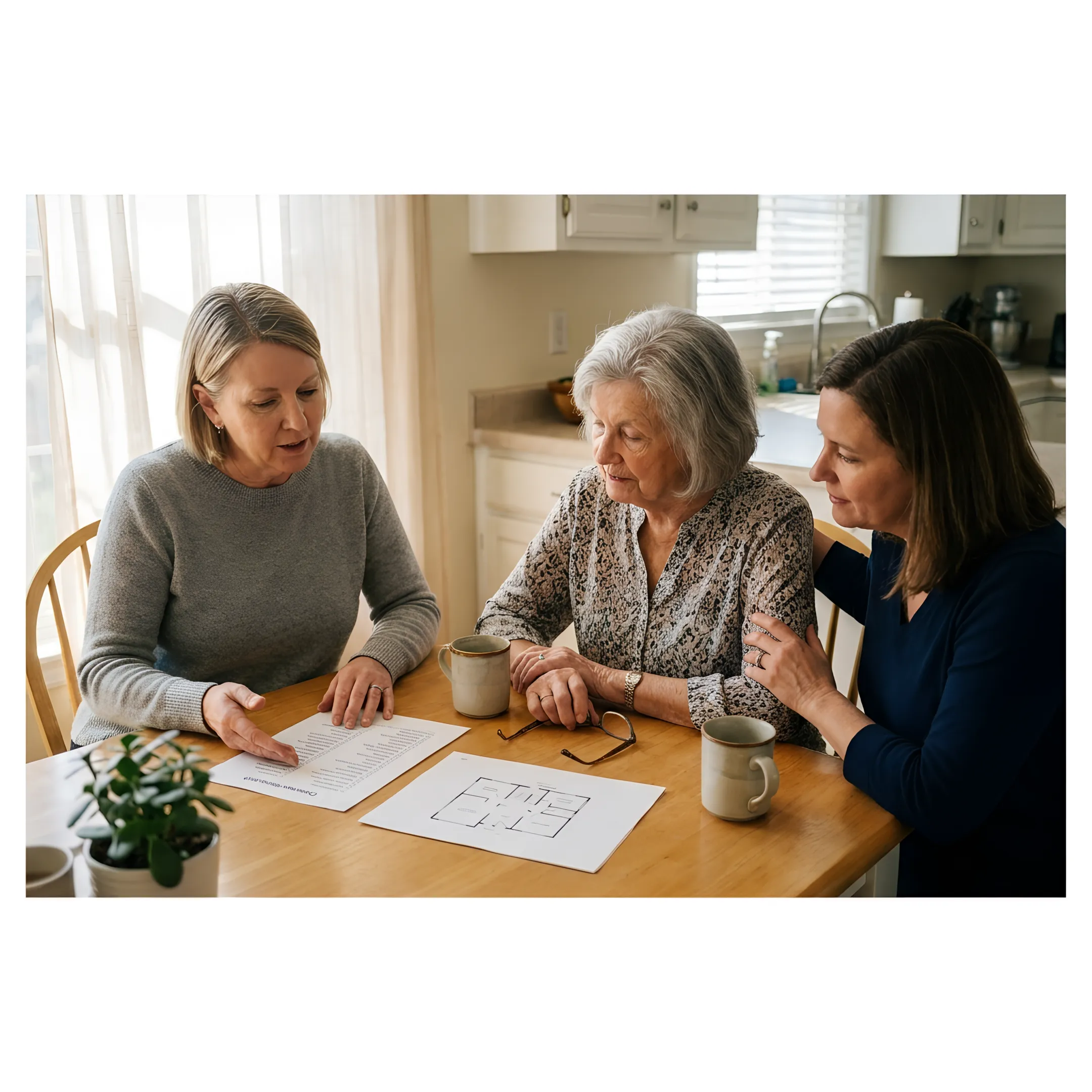 Senior move specialist discussing a transition plan with a family