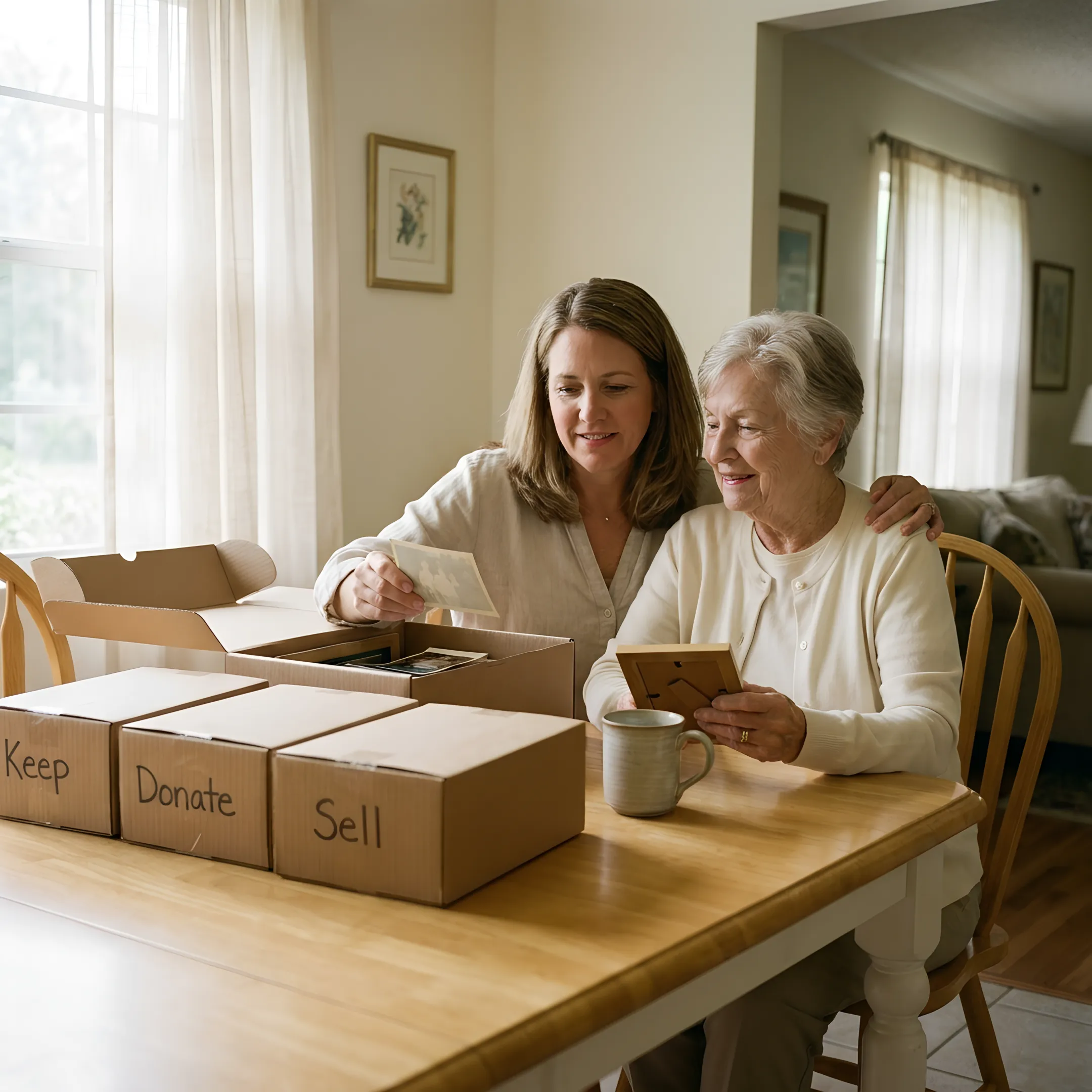 Adult daughter helping her mother sort belongings