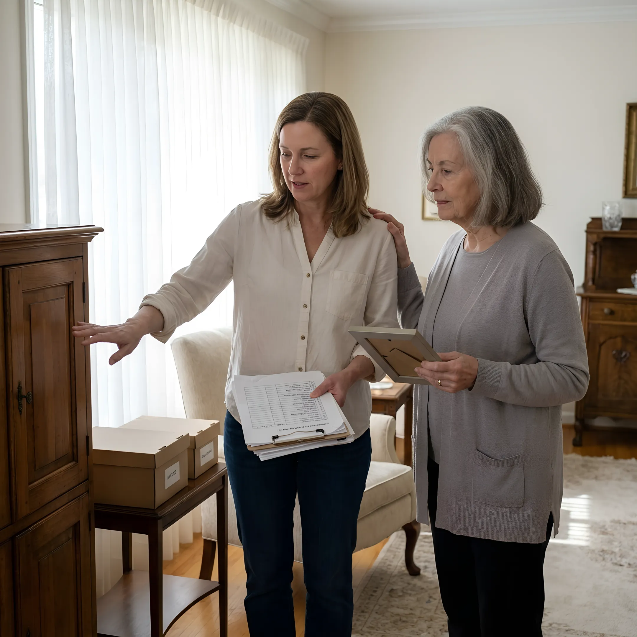 Estate professional assessing furniture in a home