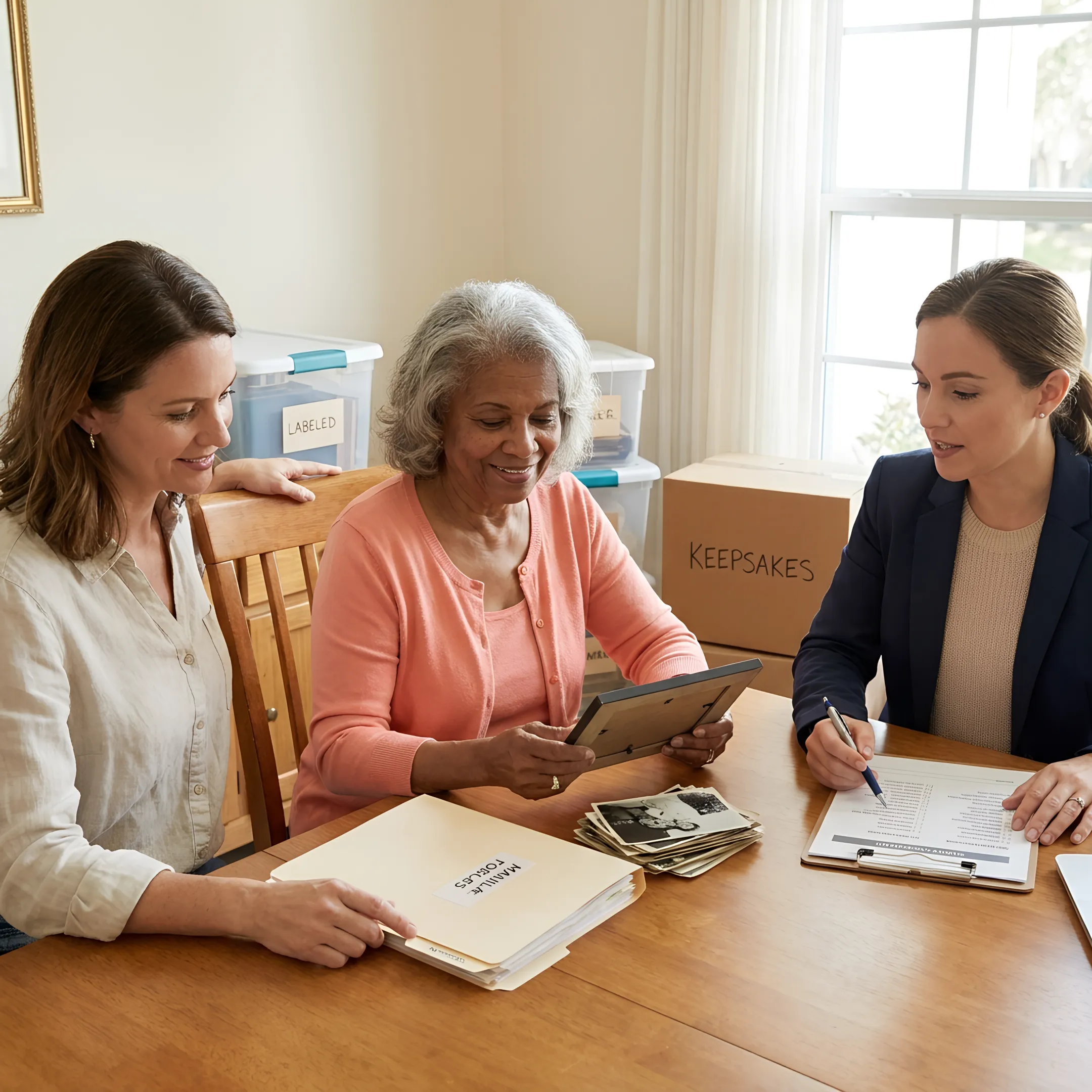Senior move manager helping a family organize a move