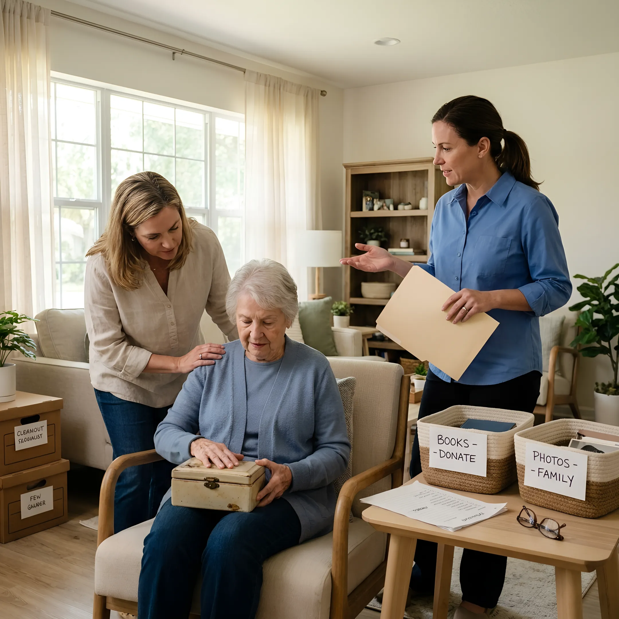 Family reviewing belongings with a cleanout specialist