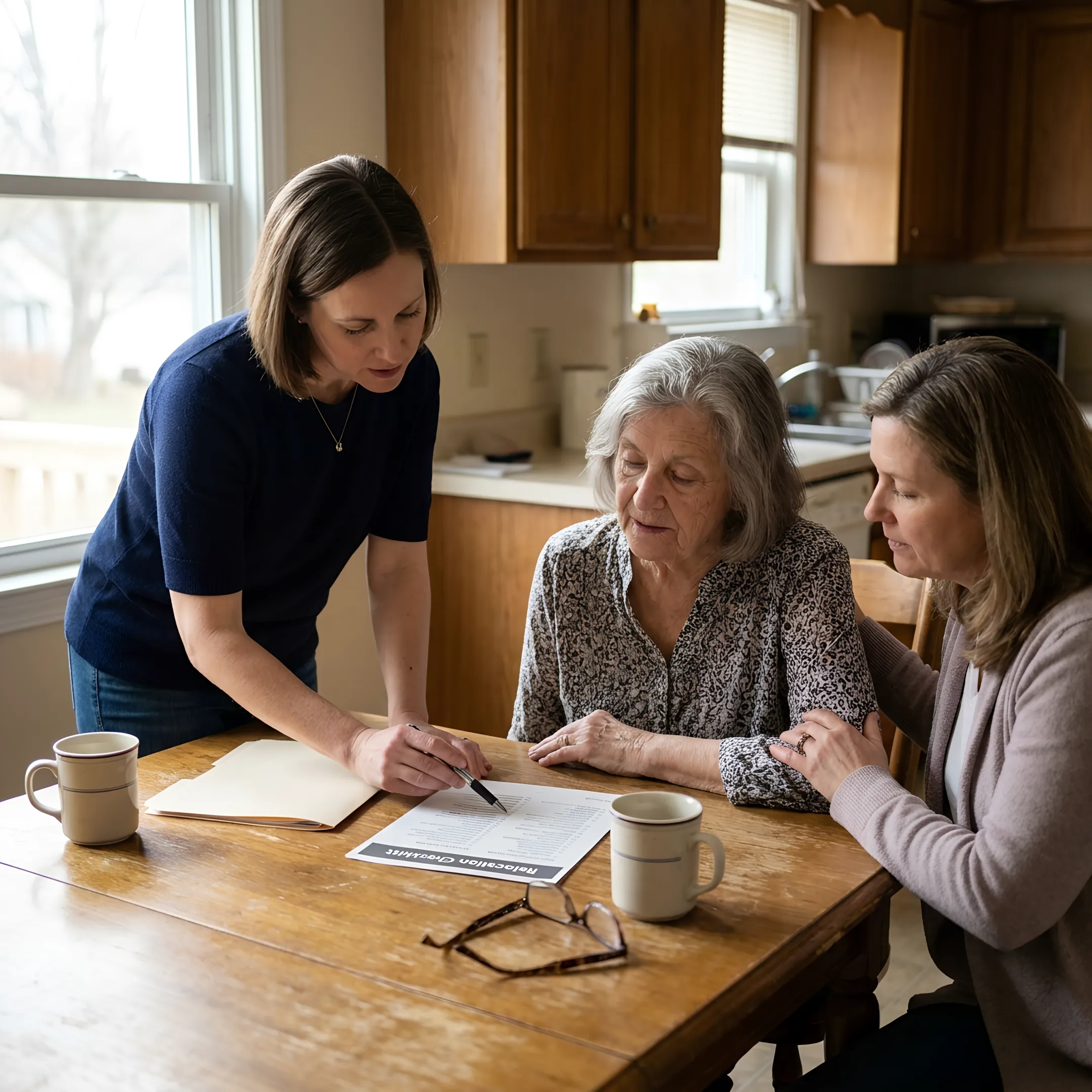 Senior move coordinator reviewing a relocation plan