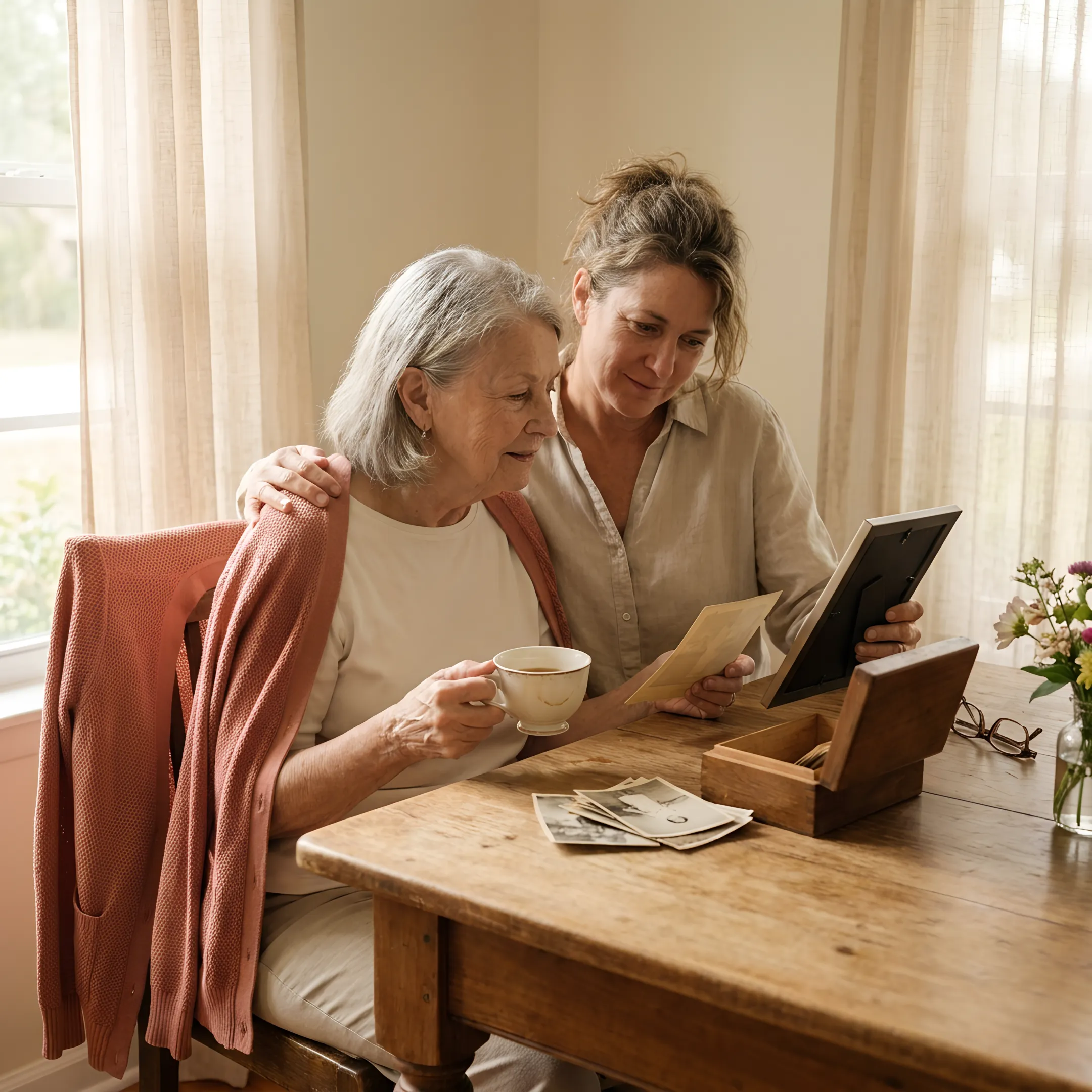 Family sorting belongings with a senior