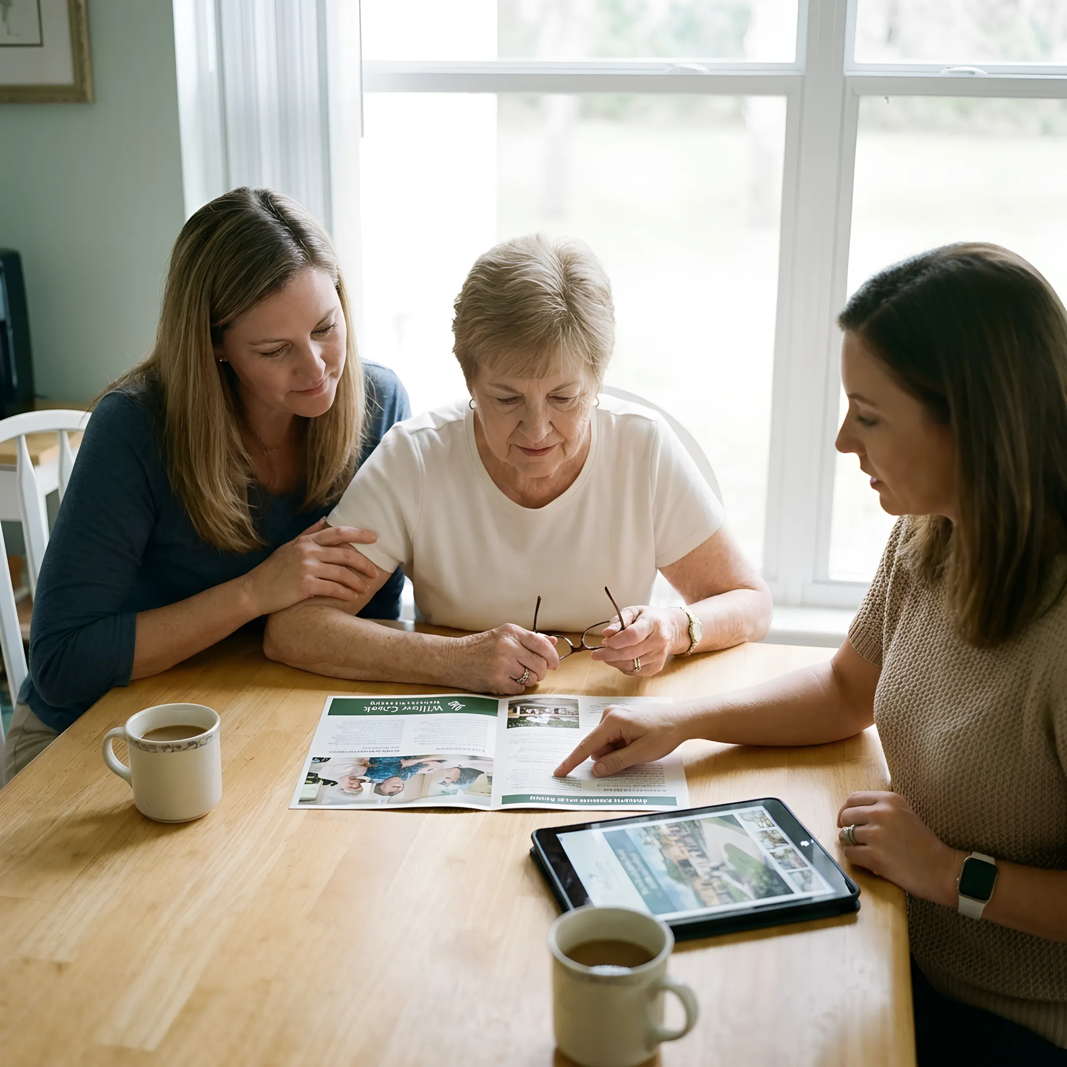 Adult daughter and mother discussing senior living options