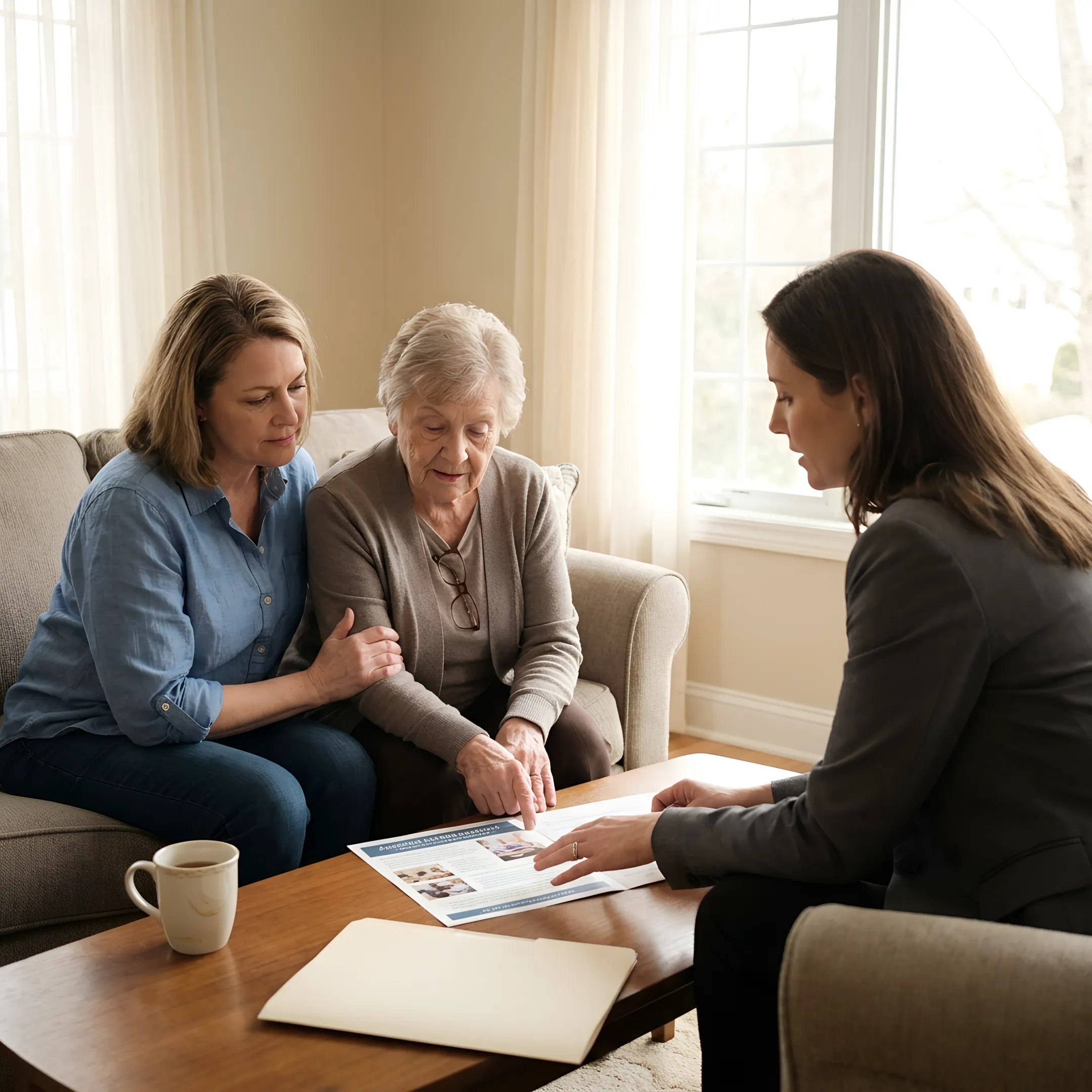 Senior transition advisor speaking with a family