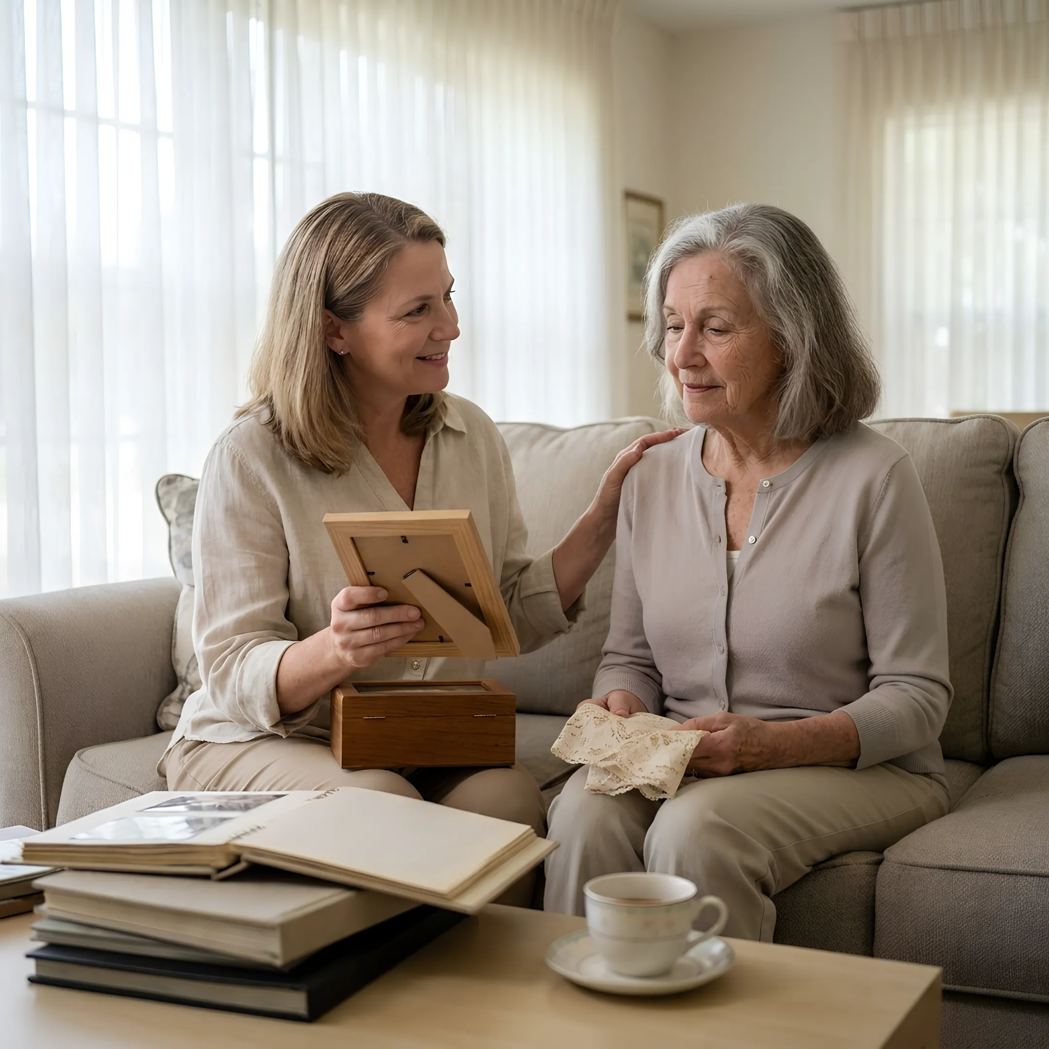 Adult daughter organizing belongings with her senior mother