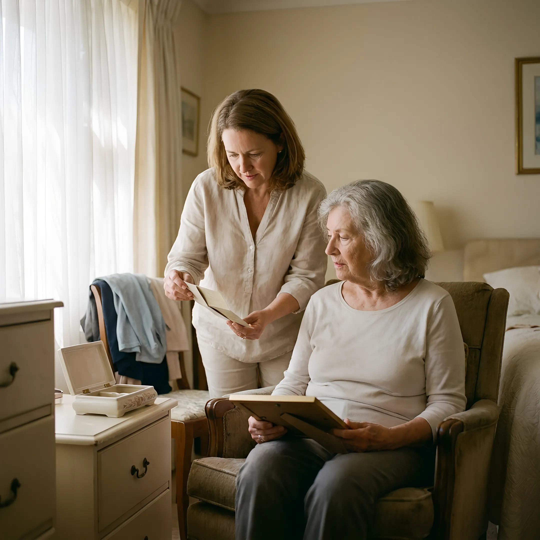 Family sorting belongings with cleanout support