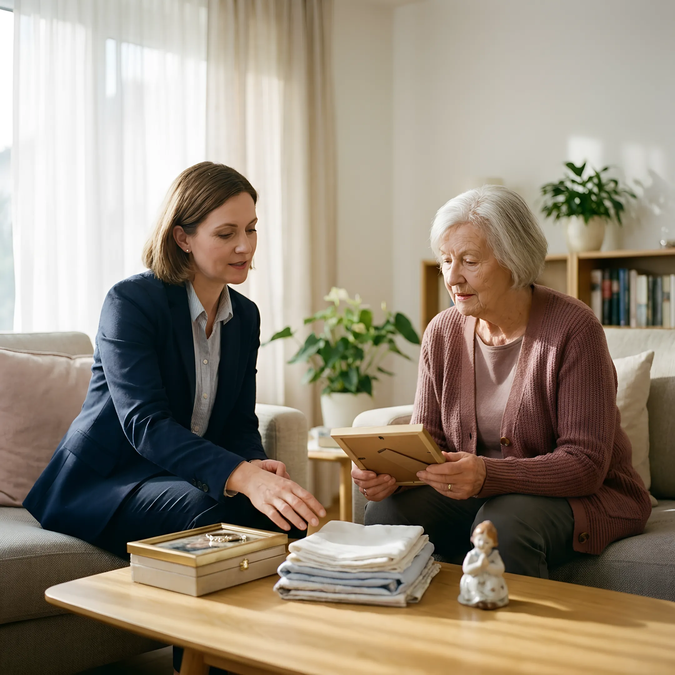 Senior move manager helping organize a home