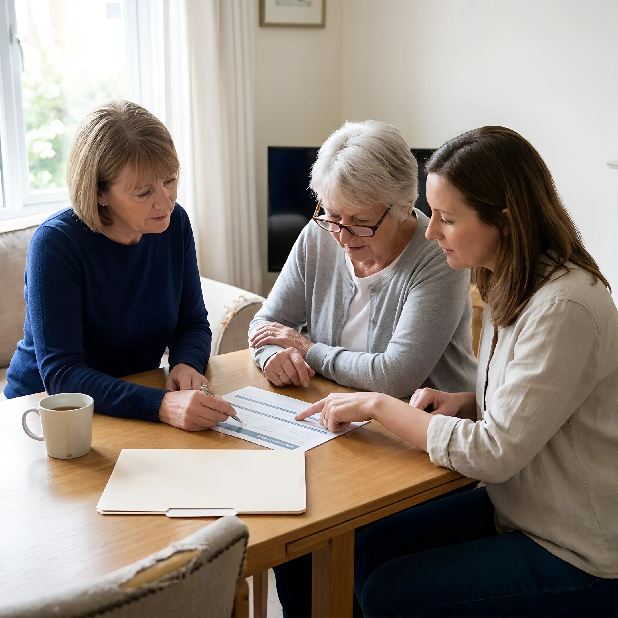 Senior move manager reviewing a transition plan with a family