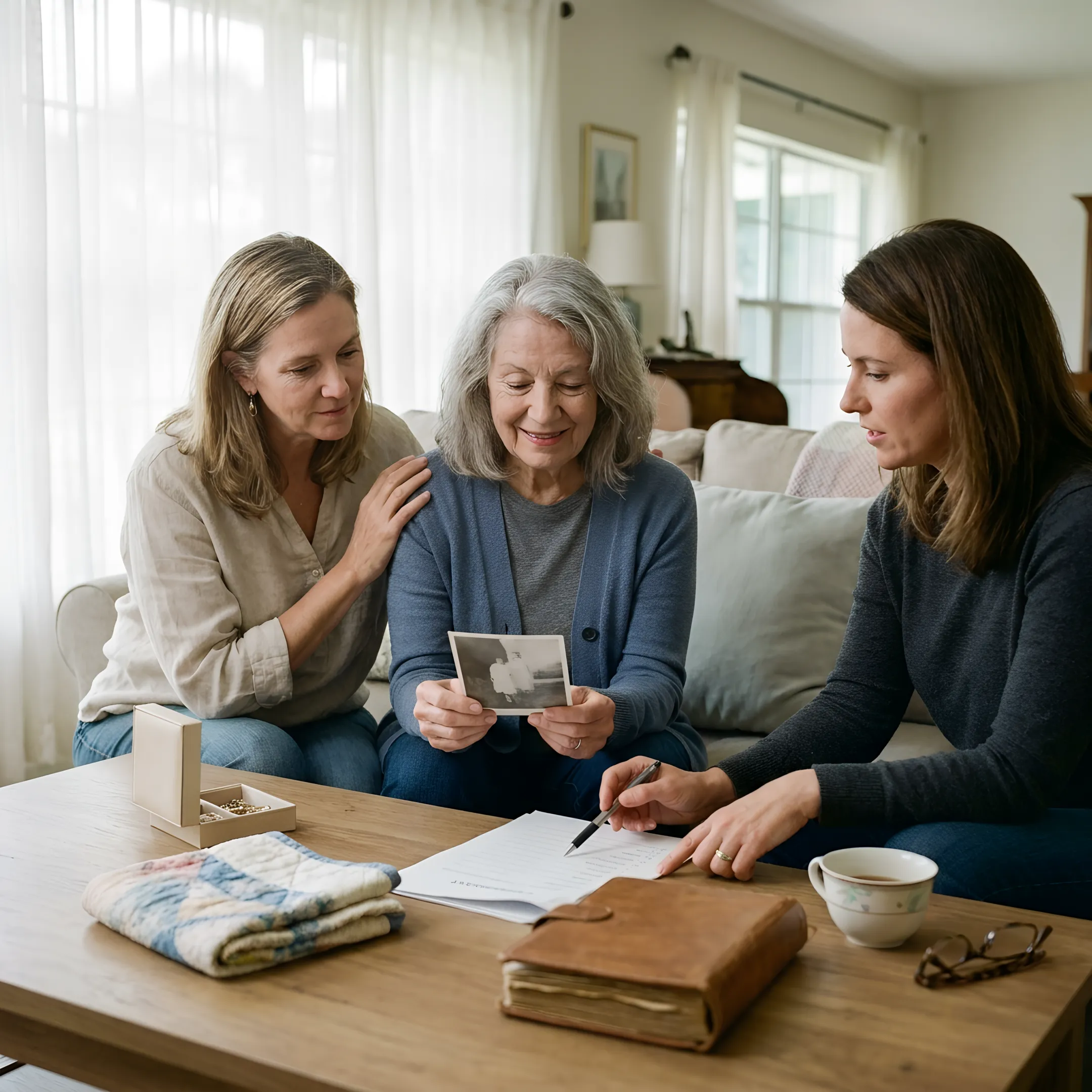 Family reviewing items during a home cleanout
