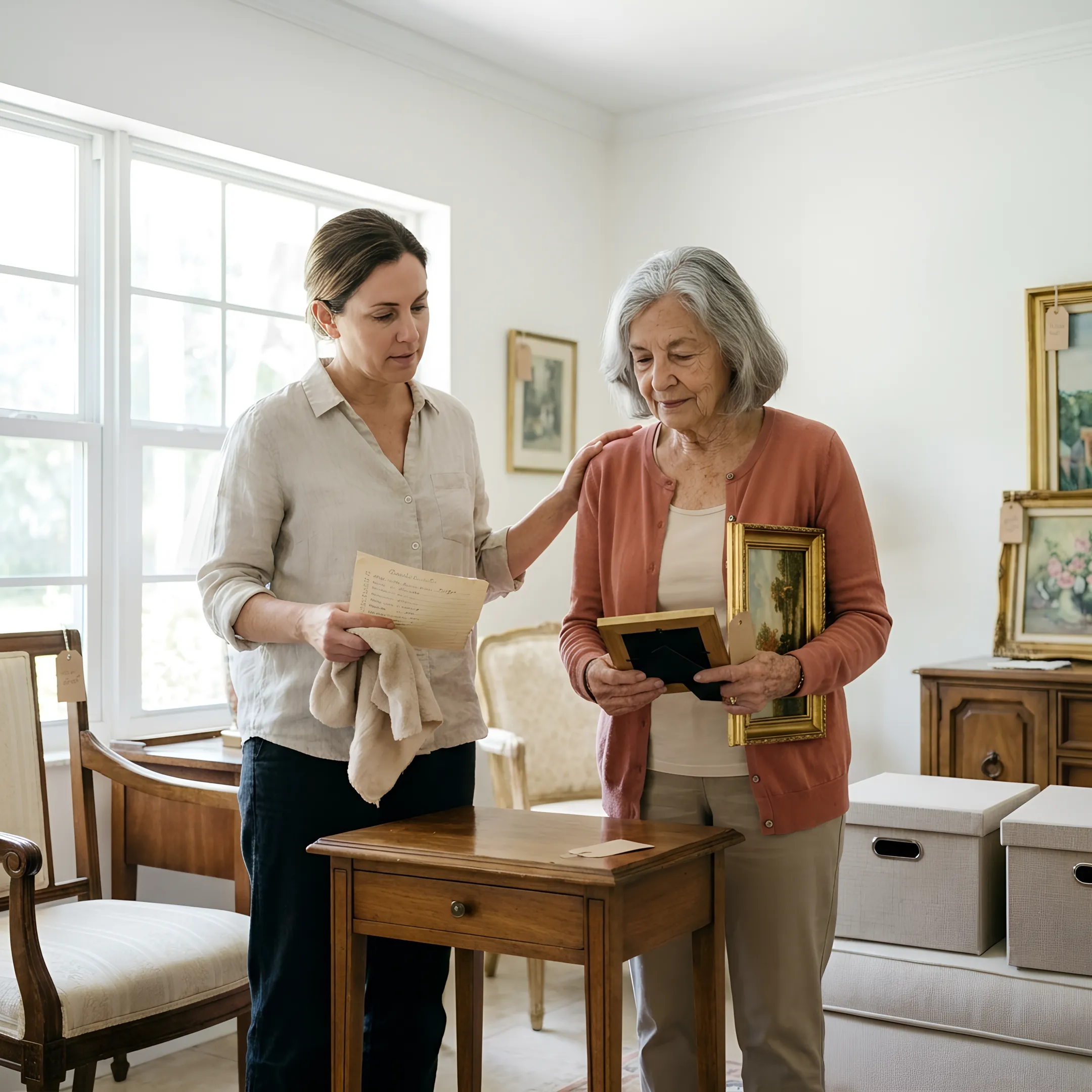 Family reviewing household items for an estate sale