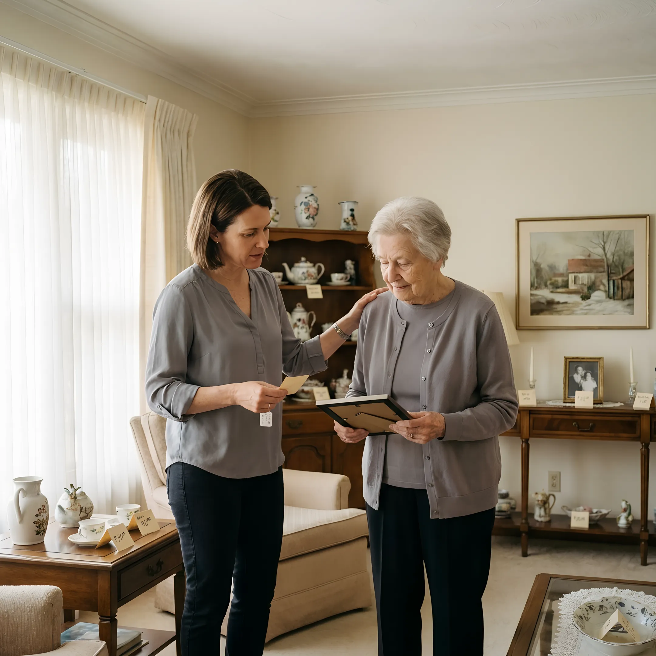 Estate sale specialist arranging items in a home