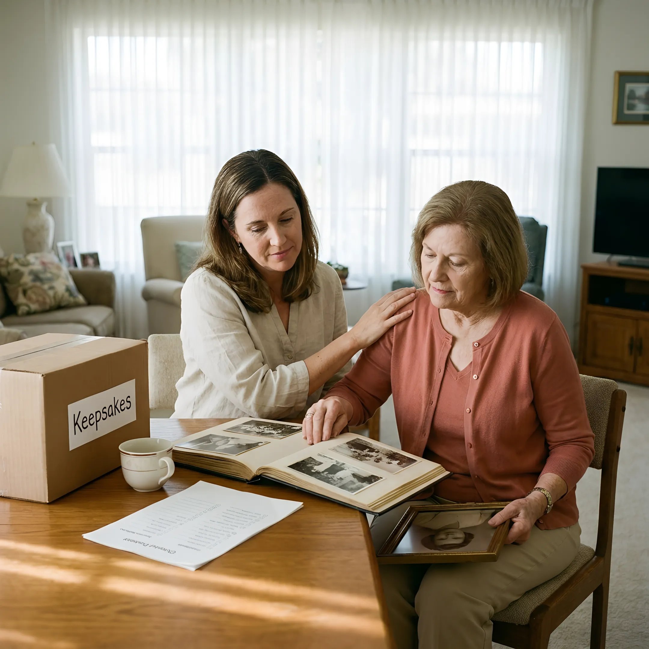 Adult daughter helping her mother prepare for a move