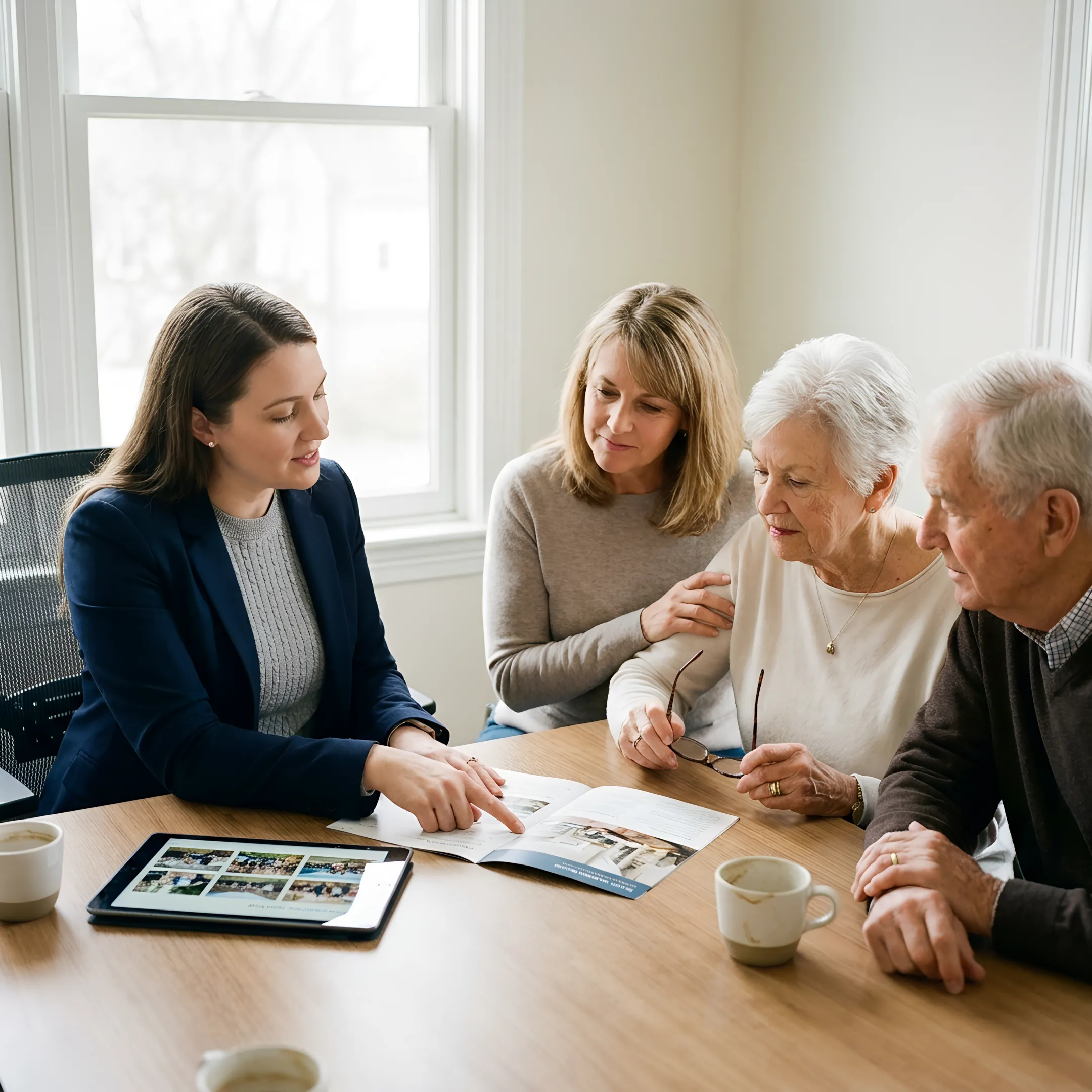 Family discussing senior living options with an advisor