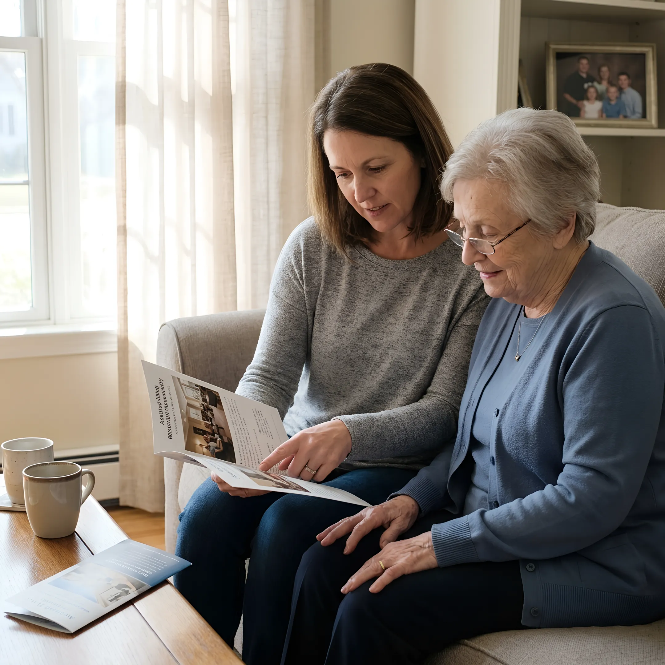 Adult daughter and senior mother discussing assisted living options