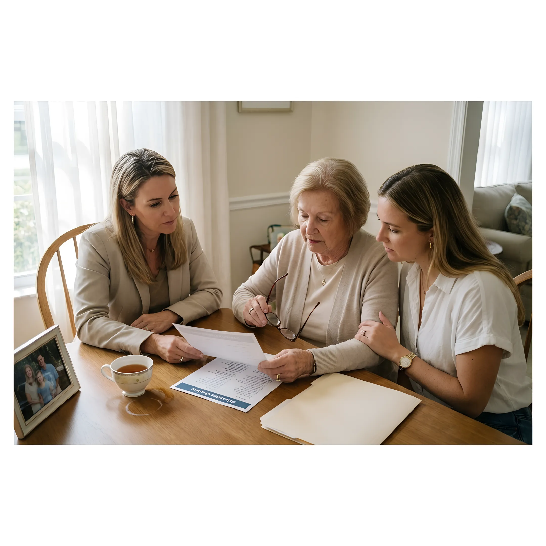 Senior move manager guiding a family through move planning