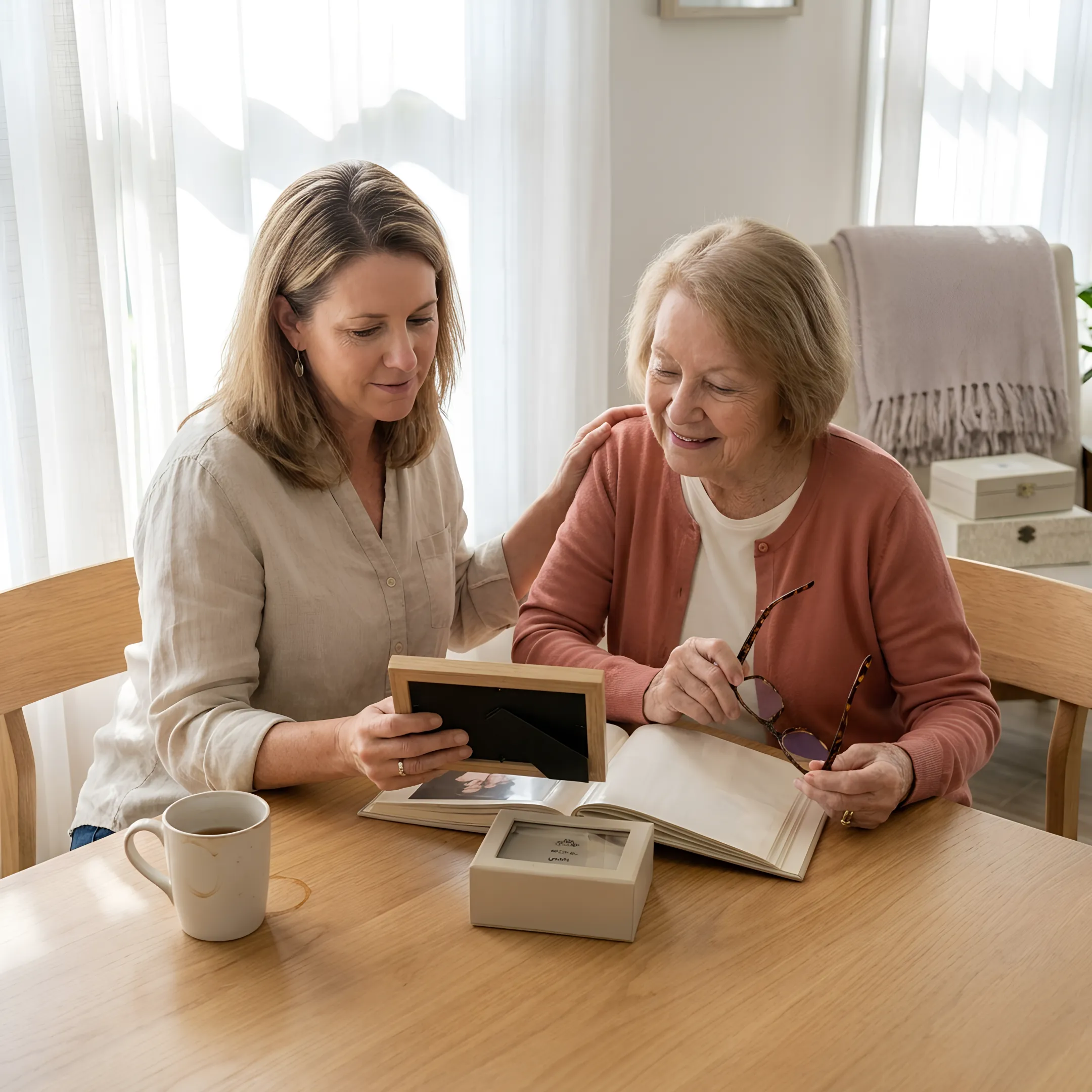Adult daughter helping her mother sort belongings for a move