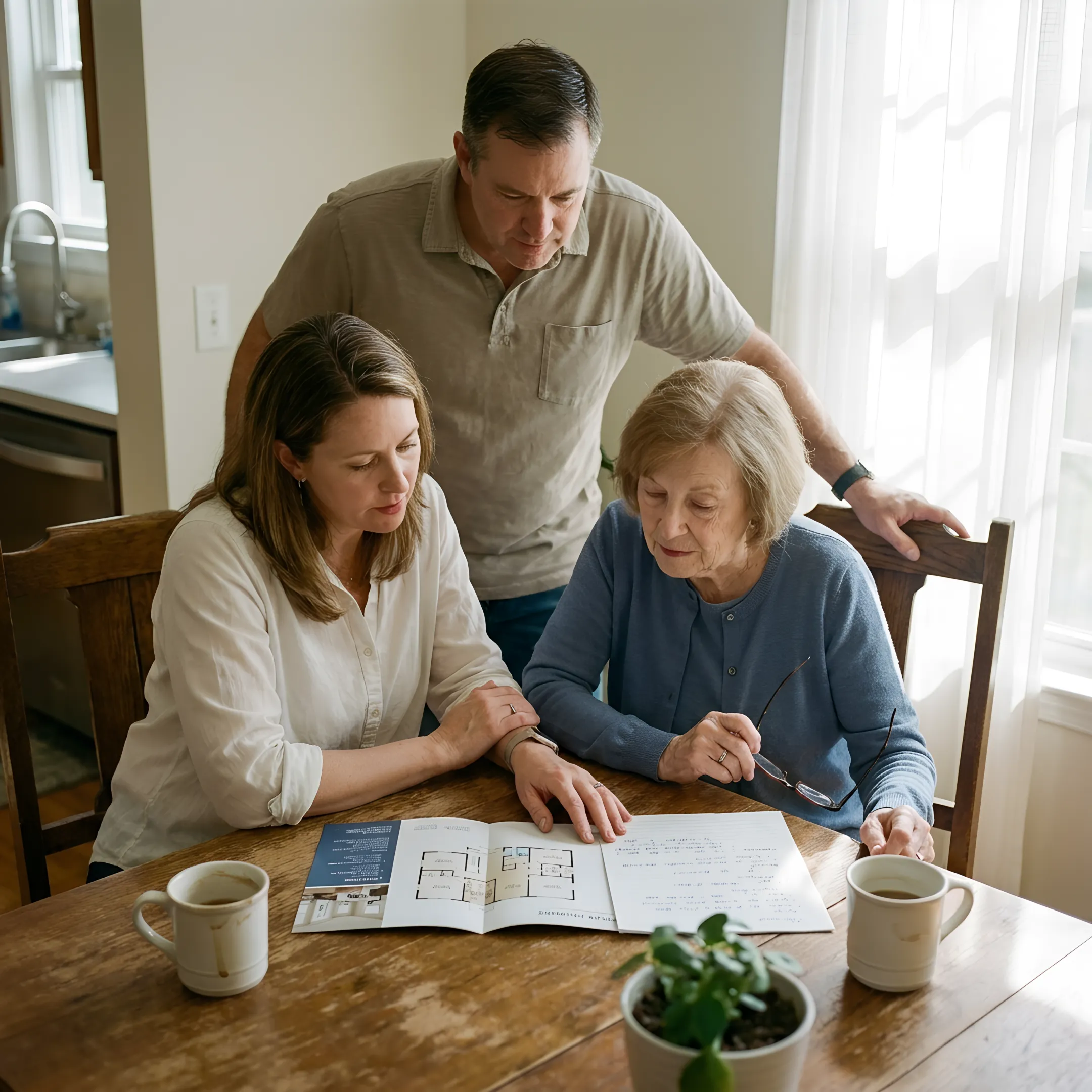 Family reviewing a senior living transition plan together