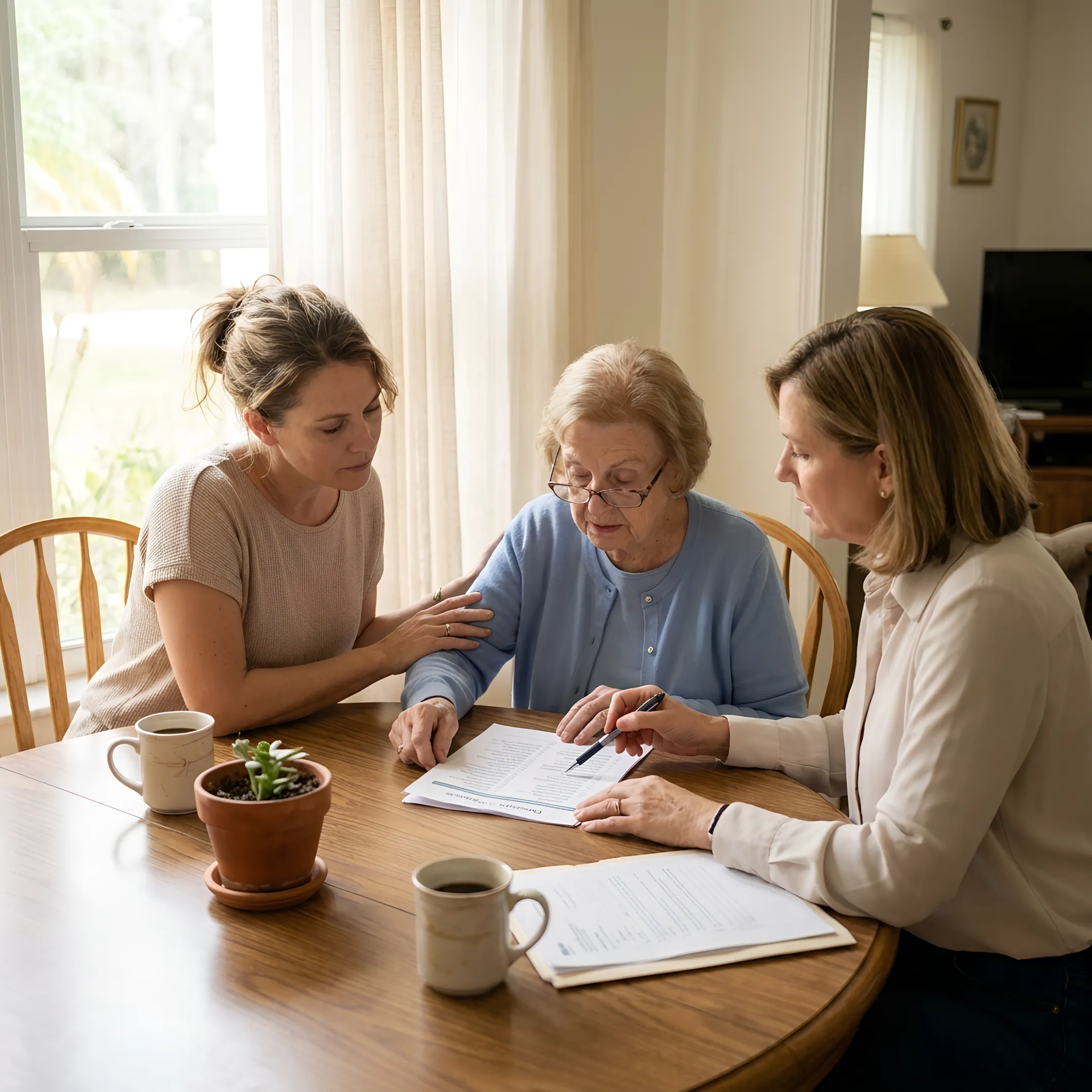 Senior move manager reviewing a relocation plan with a family
