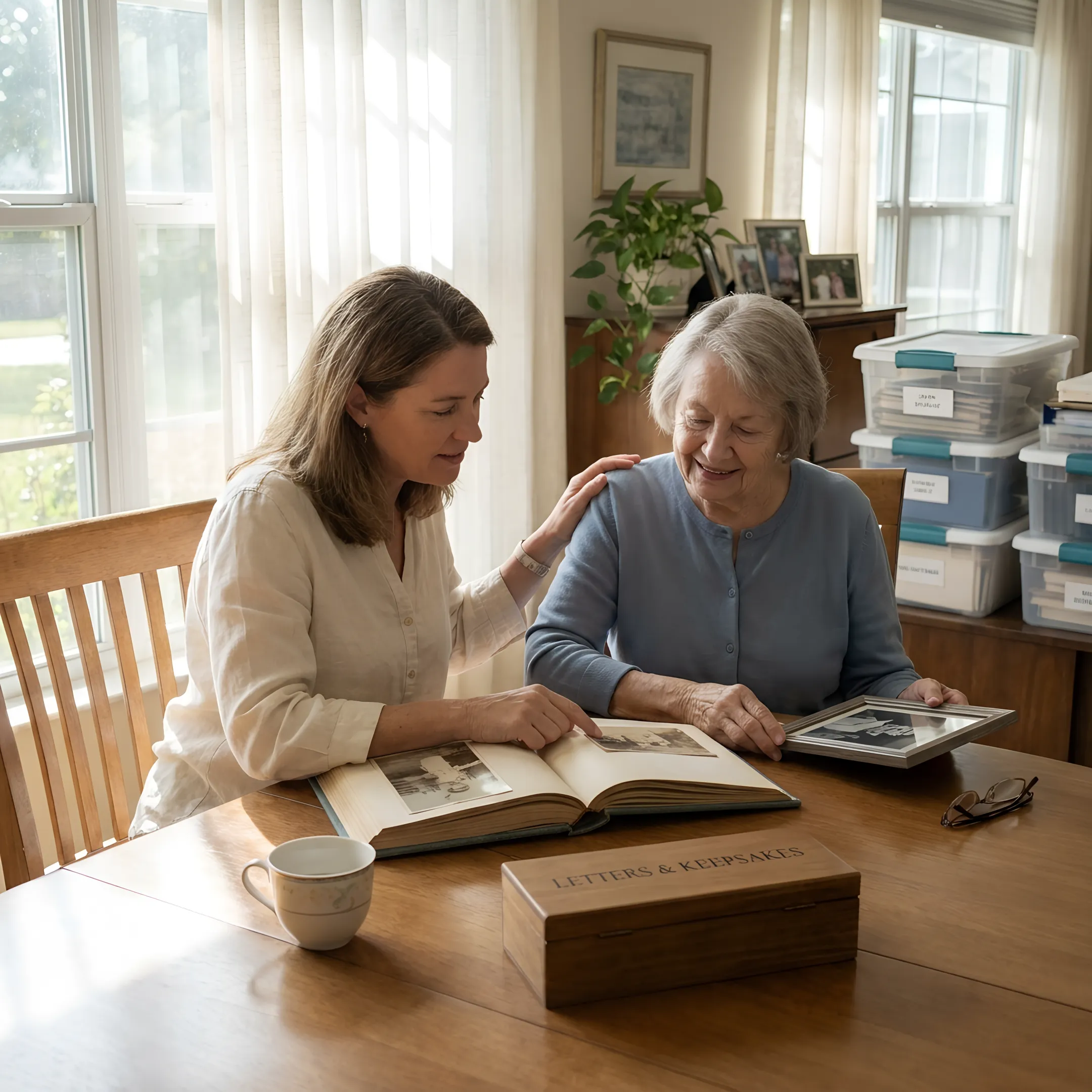Adult daughter helping her mother organize belongings for a move