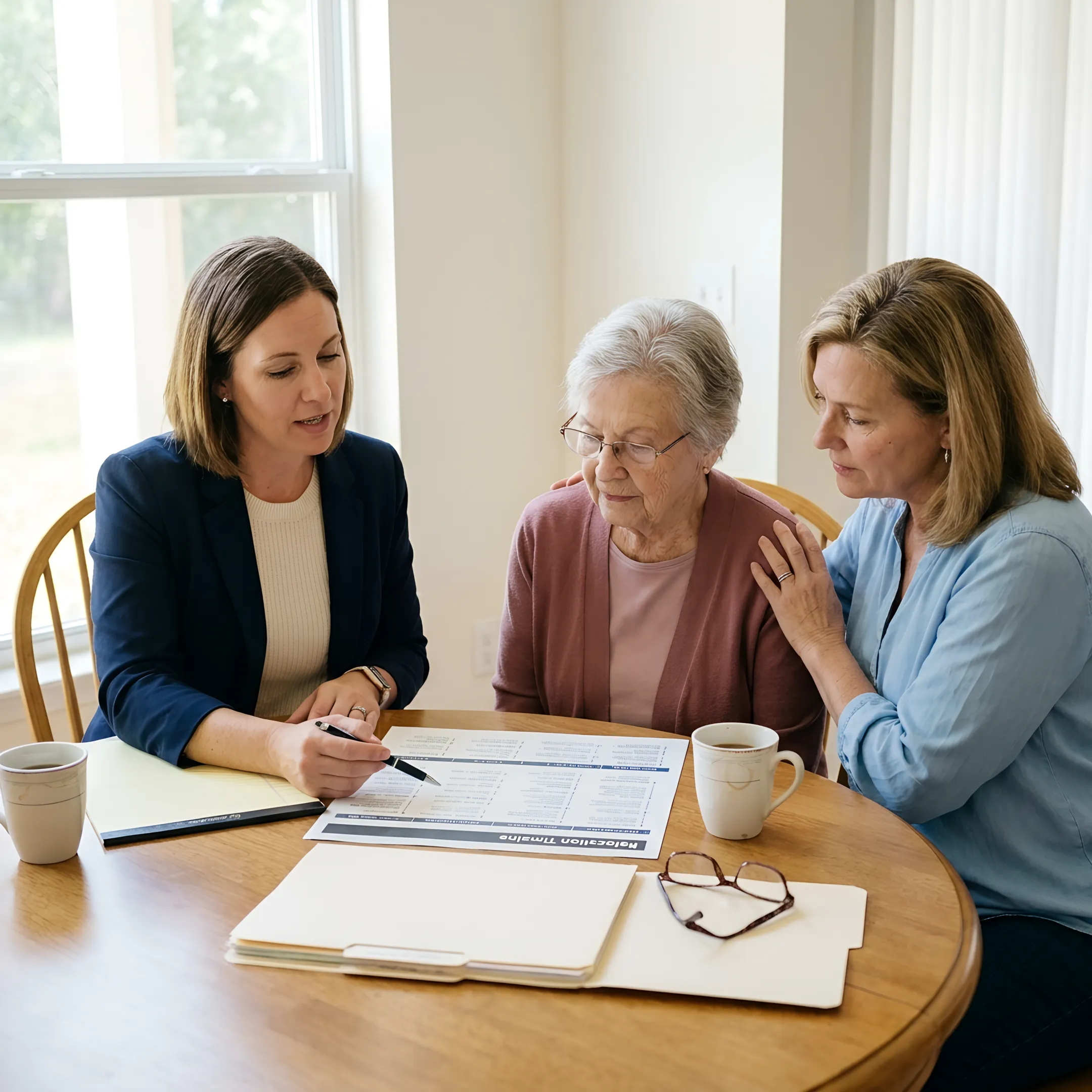 Senior move manager discussing a relocation plan with a family