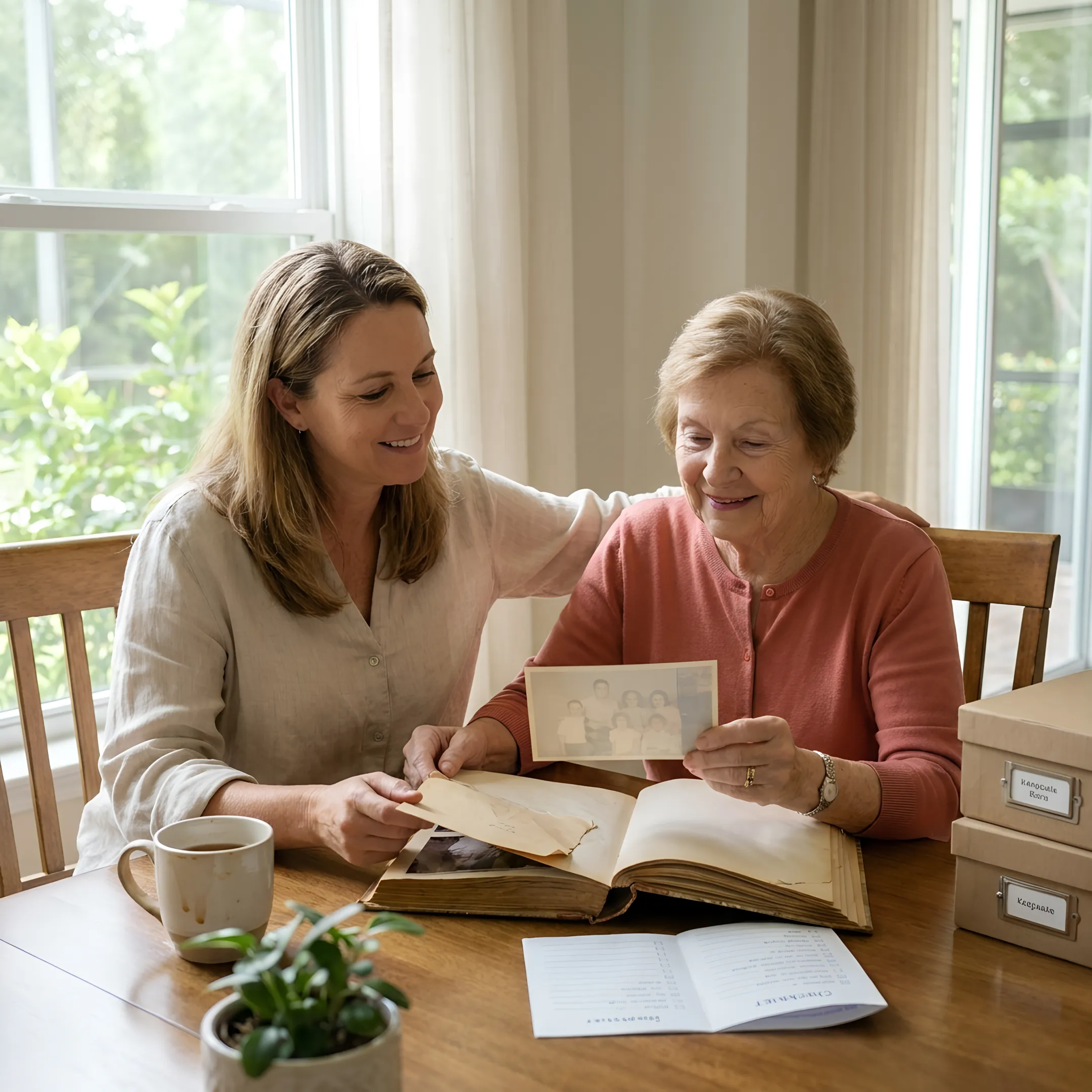 Adult daughter helping her mother sort belongings for a move